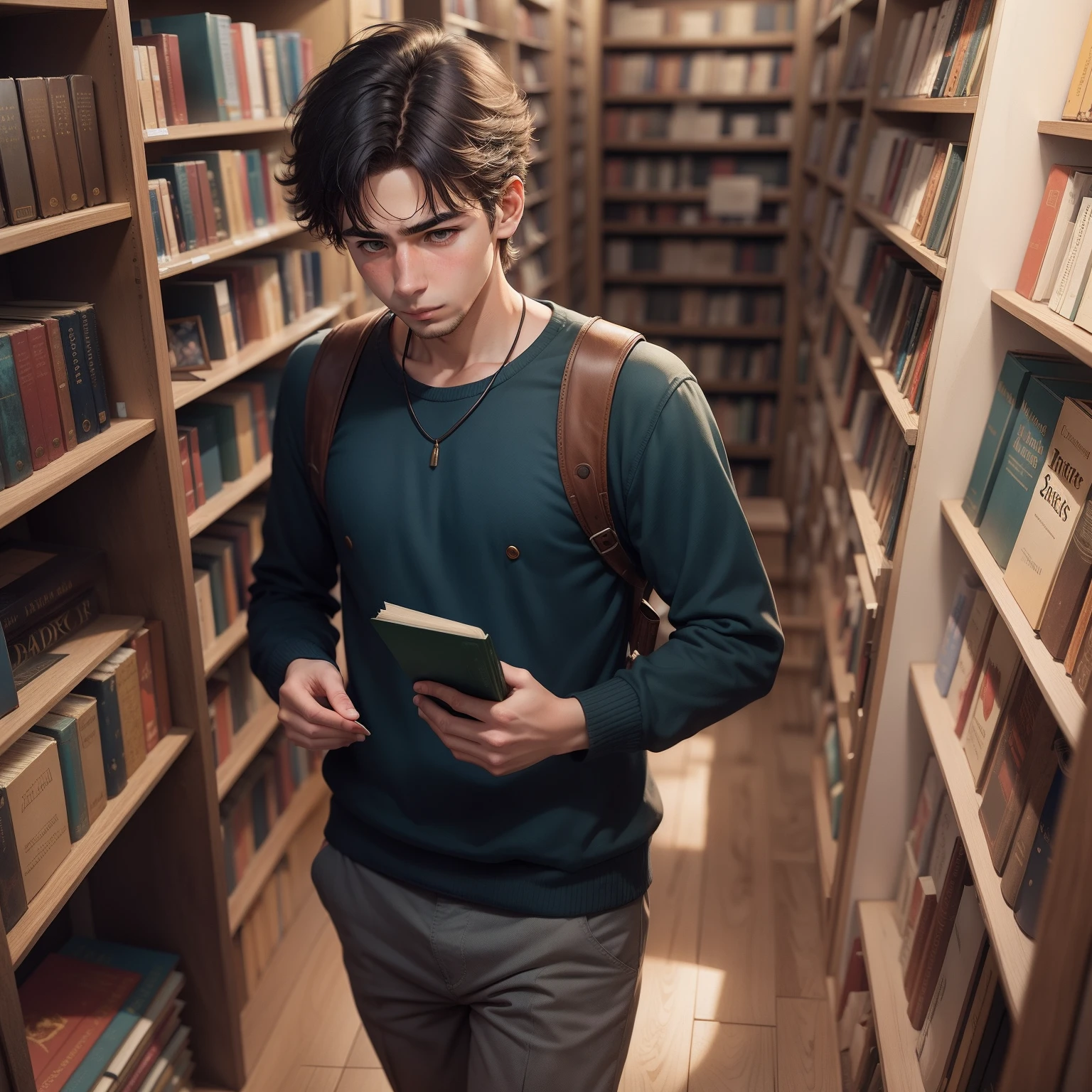 An  boy looking for books in a book shop art style