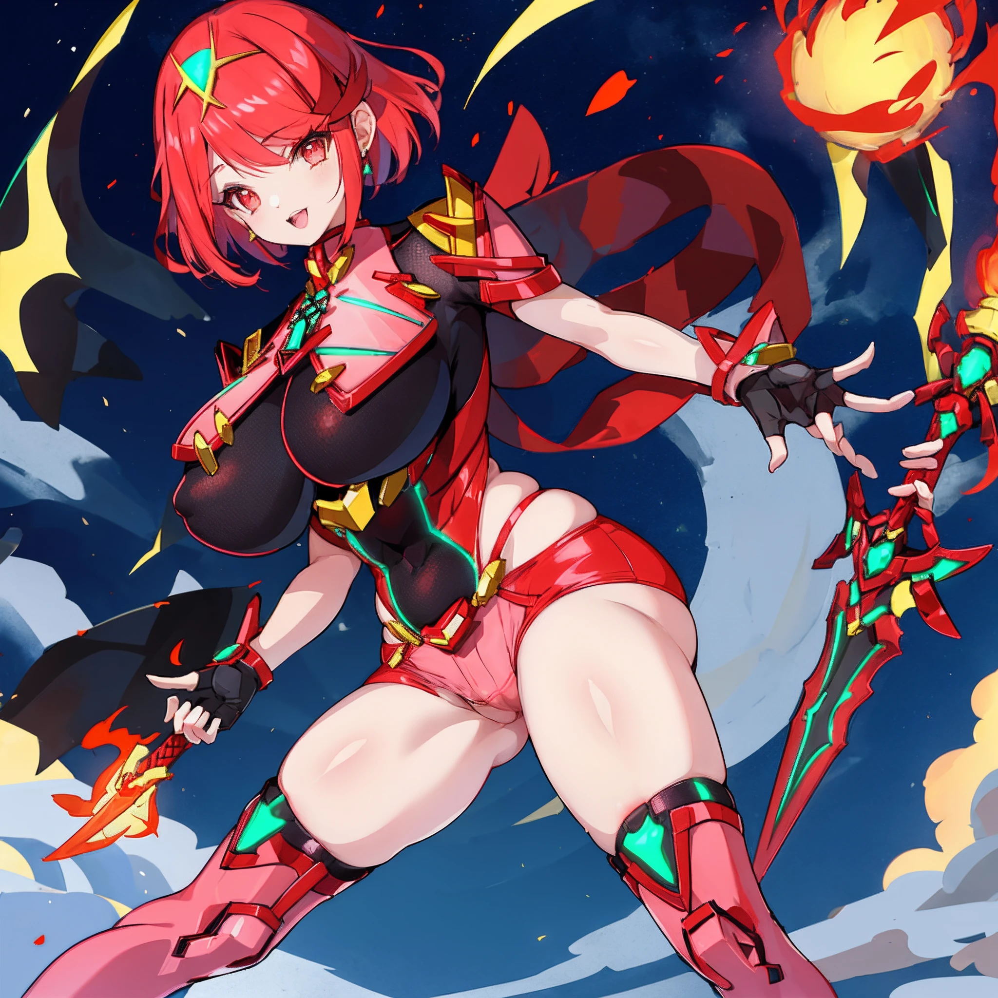 pyra \(xenoblade\), _1girl, loliarmor, bangs, black gloves, breasts, red eyes, light_open_mouth, earrings, eyelashes, fingerless gloves, floating hair, framed breasts, gem, gloves, hair ornament, headpiece, jewelry, big_breasts, leaning back, leotard, neon trim, official art, pose, red hair, red shorts, saitou masatsugu, short hair, short shorts, short sleeves, shorts, sidelocks, skin tight, solo, standing, swept bangs, thighhighs, tiara, night_prairie_background, turtleneck, underbust, vambraces, xenoblade chronicles \(series\), (xenoblade chronicles 2), (spread_legs:1.1), fire_effect,dynamic_pose,fighting,light_smile, (plump:1.4), big_ass,huge_sword, hold_large_sword_hilt, scovered_nipples, (covered_pussy:1.2),cameltoe,back_view, fists,ponytail,plump,beautiful_fingers,(solo:1.1),