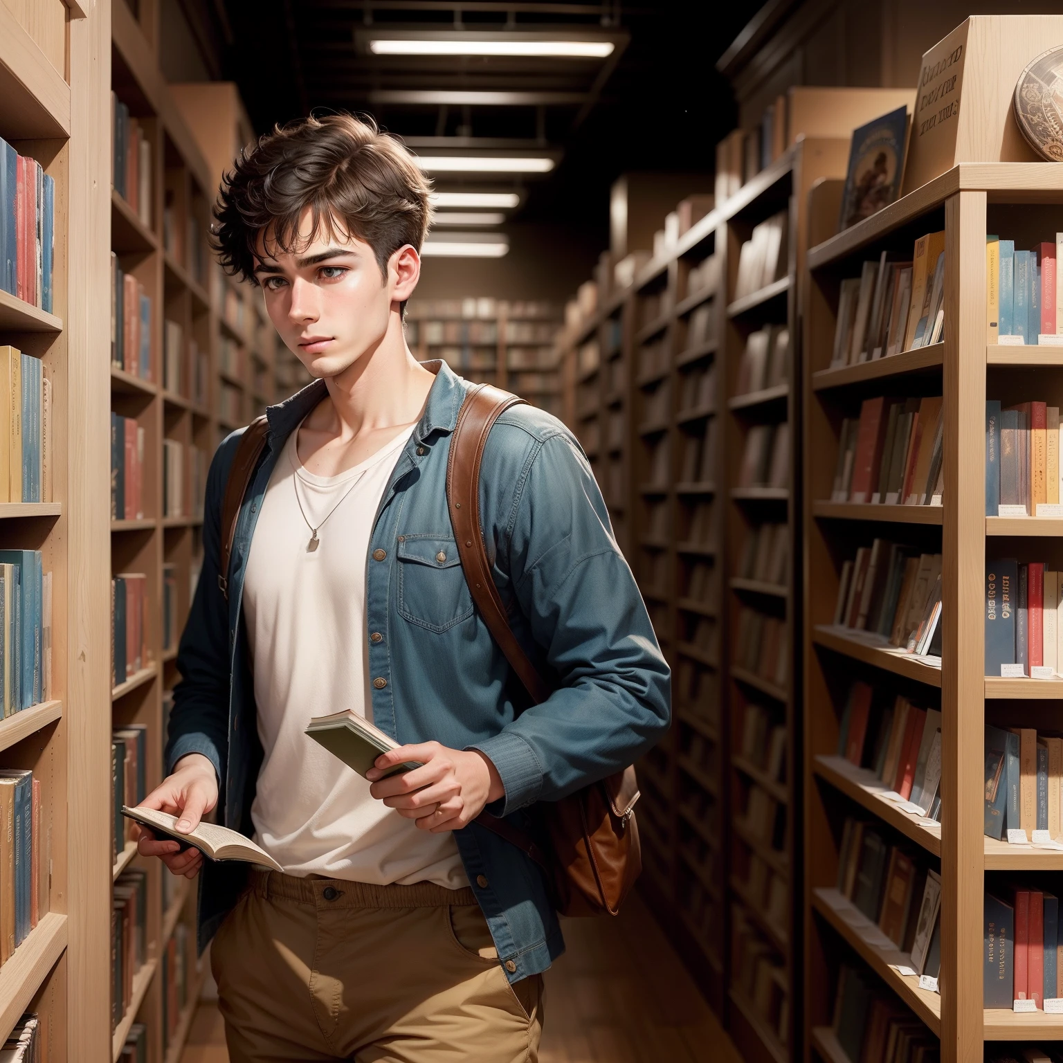 An boy looking for books in a book shop art style