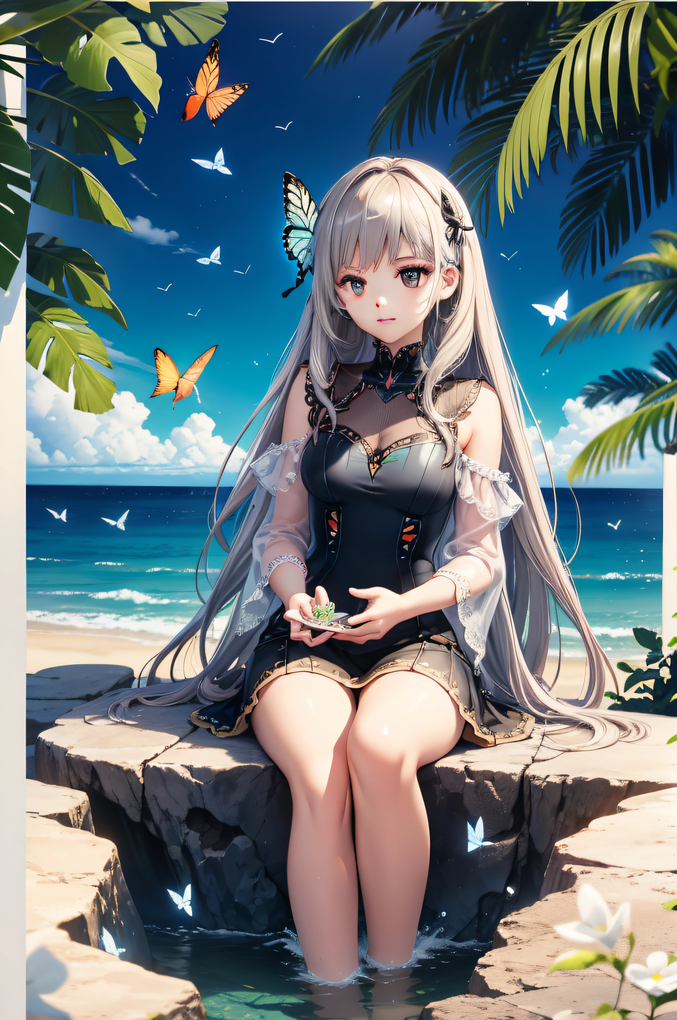 Maiden sitting by the sea，Butterflies are flying all over the sky，ocean water，mechs，looking down on the camera，The sun is dazzling，super high image quality，Reach out and grab the butterfly