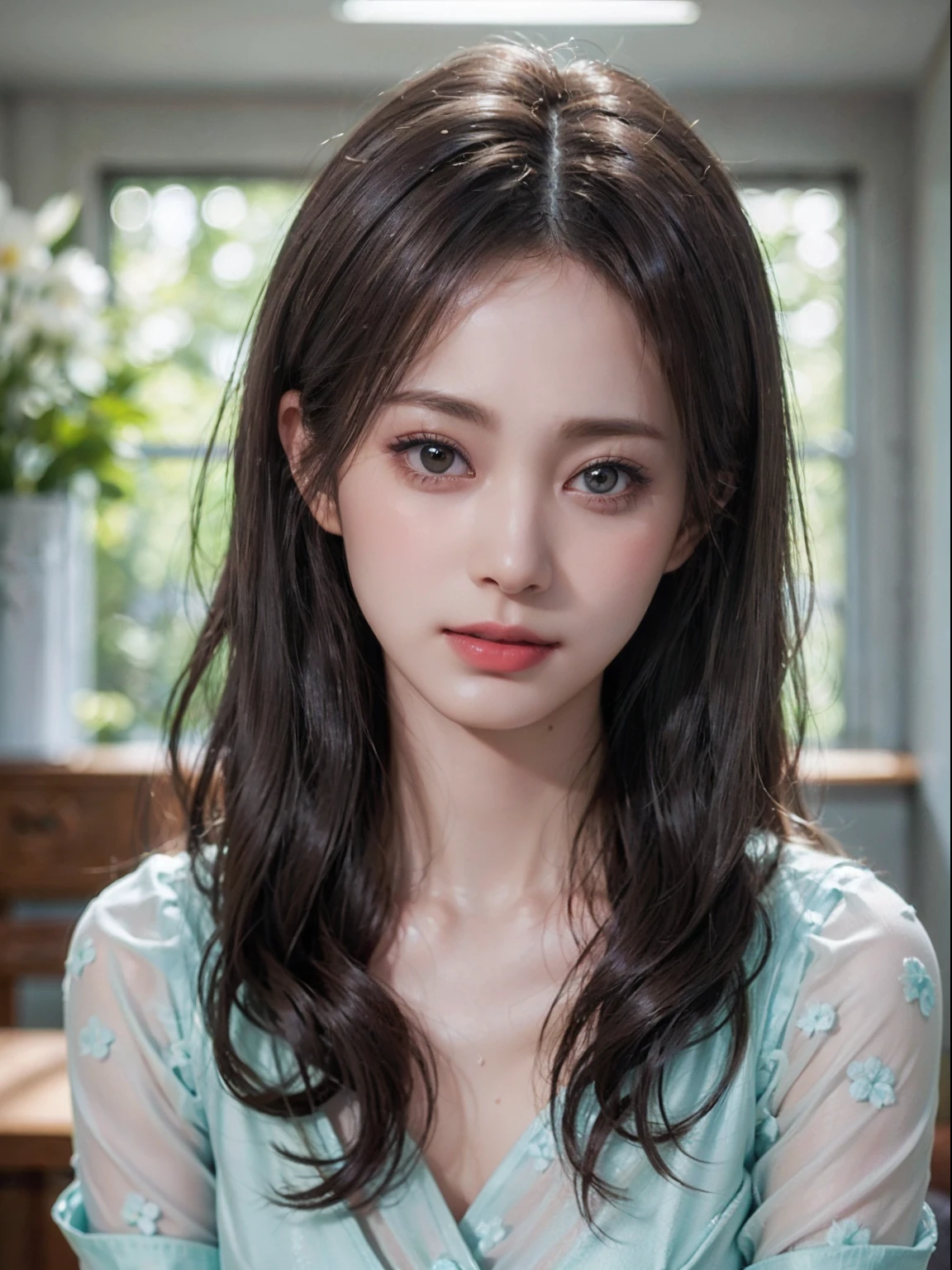 Clothed、(photoRealstic:1.4)、(hyper realisitic:1.4)、(reallistic:1.3)、(Smooth lighting:1.05)、(Improved cinematic lighting quality:0.9)、32K、1girl in、Japan women、Realistic lighting、Back lighting、Facial Lights、Ray tracing、(brightened light:1.2)、(Quality Improvement:1.4)、(Realistic textured skin of the highest quality:1.4)、fine detailed eyes、A detailed face、Fine quality eye、Brown eyes、(Moist pale pink lips wet and reflecting light)、(Tired, sleepy and satisfied: 0.0)、Mint Green Floral Silk Blouse、Ruffles and lace、Thin string ribbon ties、dark brown hair、She wears short, Trimmed bangs on her forehead.、shairband、One adult woman with a faint smile、(white backgrounid)