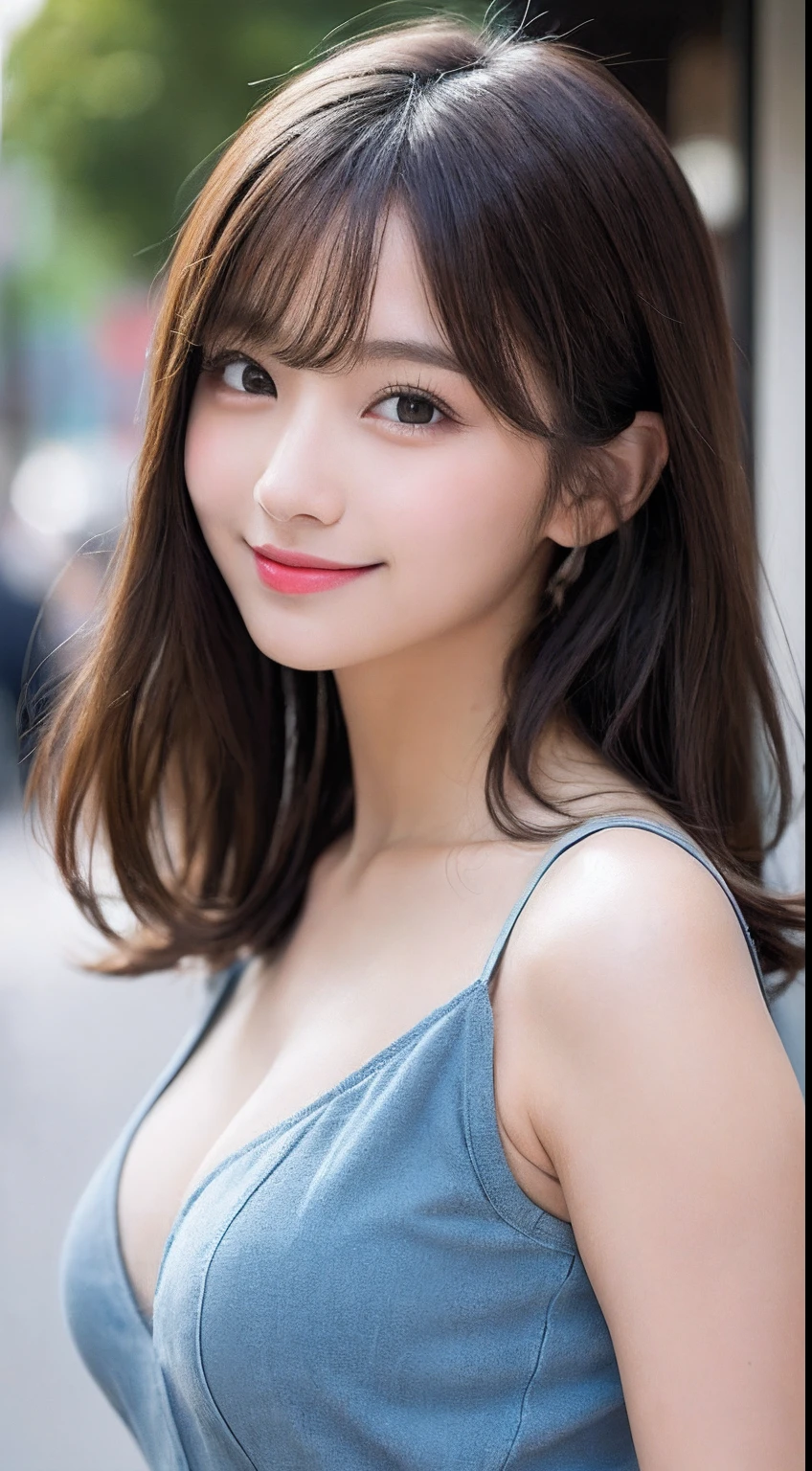 table top, highest quality, shape, Super detailed, finely, High resolution, 8k wallpaper, 完璧なダイナミックな構shape, beautiful and detailed eyes, (((smile like an idol))), ((small underwear)), medium hair, ((G-Cup)), (((show off your chest))), (body facing forward,face to face:1.3), 20 year old girl, cowboy shot,