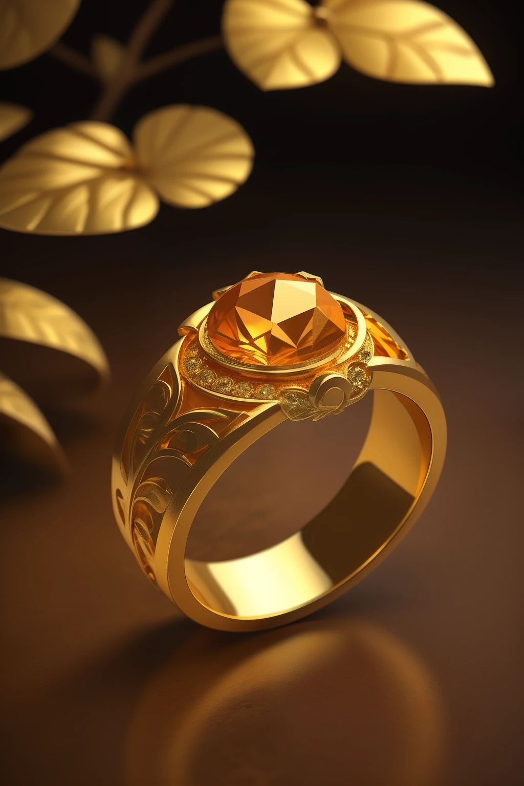 Product image of a ring, gold ring with orange stones on it, masterpiece, (very detailed CG unity 8k wallpaper), (best quality), (best illustration), (best shadow), background is Forest theme with natural elements, flowers, warm tones, surrounded by delicate leaves and branches, sunlight, (natural elements), (jungle theme), (leaves), vines, butterflies, (delicate leaves), (particles Effects), Isometric 3D, Octane Rendering, Ray Tracing, Super Detailed --v6