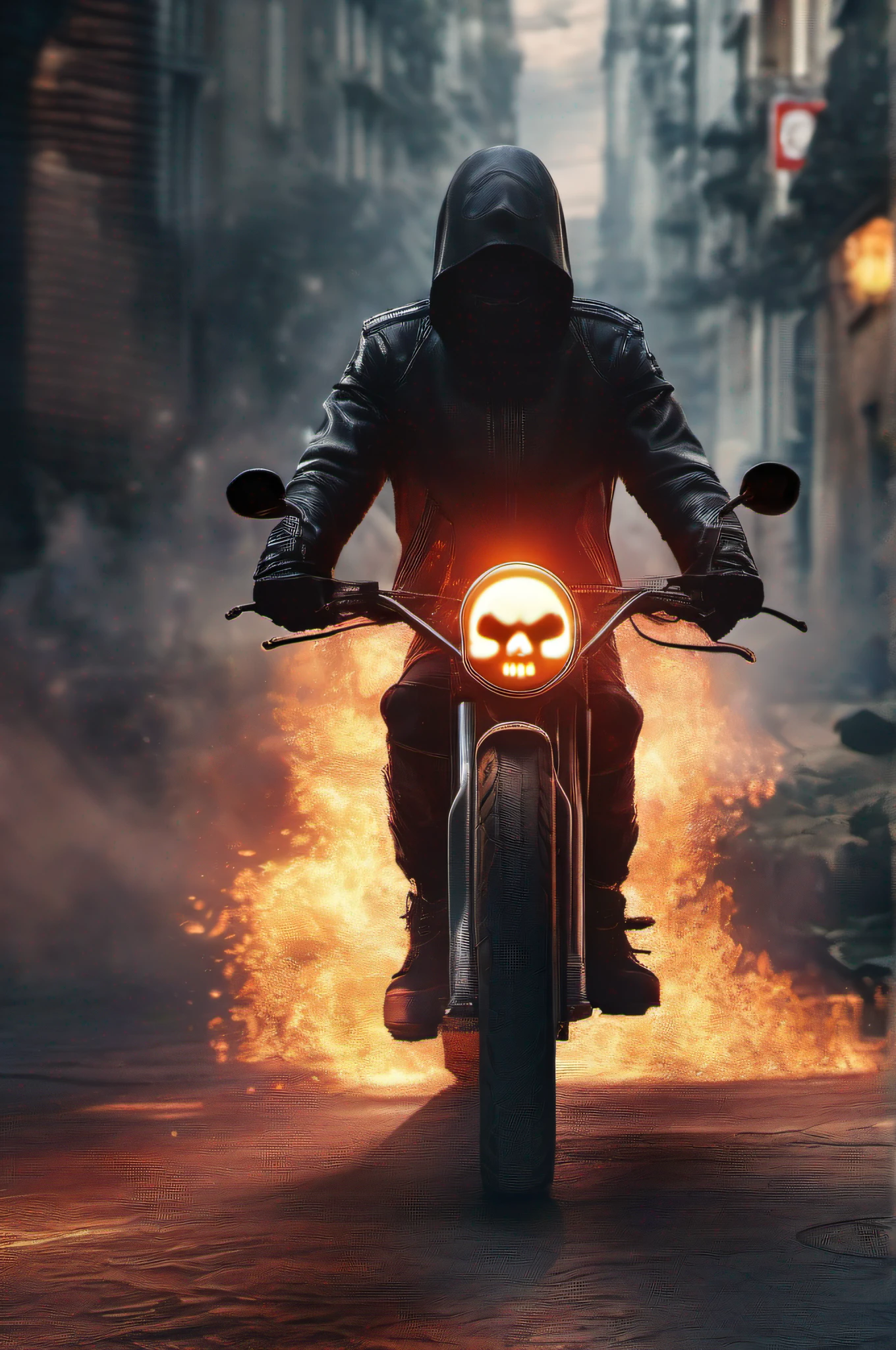 (Foto RAW, best quality), (Realistic, Foto Fotorrealista: 1.3), best quality, altamente detalhado, master part, Ultra Detalhado, illustration, Motoqueiro Fantasma, Skull on fire, Black jacket, black jeans, black shoes, epic background, Standing like a ghost rider, parte superior do corpo, fantasia de motoqueiros fantasmas, best quality, extremamente detalhado CG unificado 8k wallpaper, sombra, Amazing, olhar, retrato, fechar para cima (skull texture), intrinsecamente detalhado, detalhes finos, hiperdetalhado.