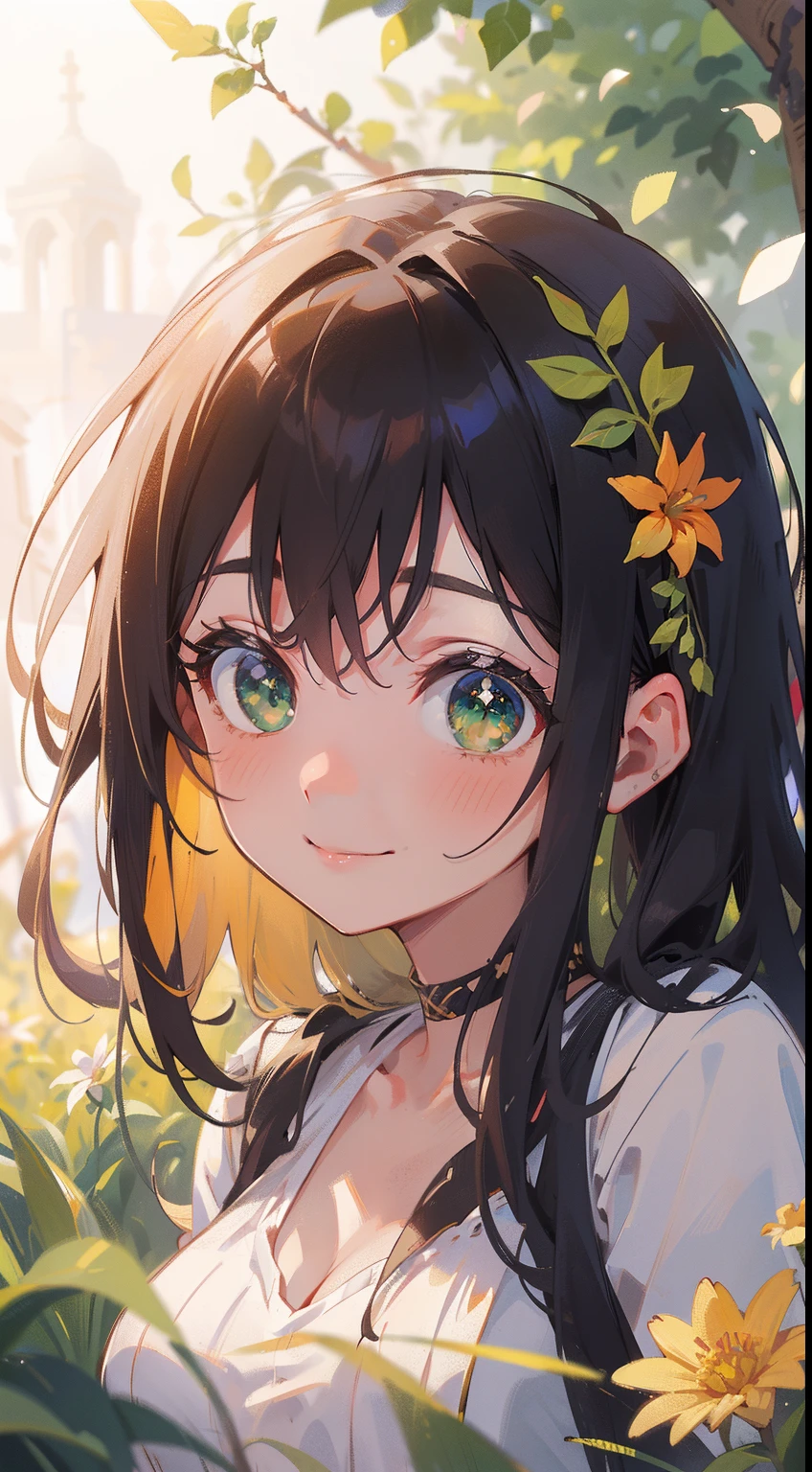 (masterpiece), (best quality), ultra high res, sharp focus, warm pastel tone, ((1 mature woman, solo)), very stunning and gorgeous woman, upper body, (from upfront), beautiful detailed hair, chestnut brown hair, messy flowing long hair, beautiful detailed face, perfect feminine face, ((beautiful shape eyes, green eyes)), look at the viewer, comfortable face, smiles, (feminine goddess greek outfit:1.2), (background blur), sitting on ground, in the beautiful flowers meadow