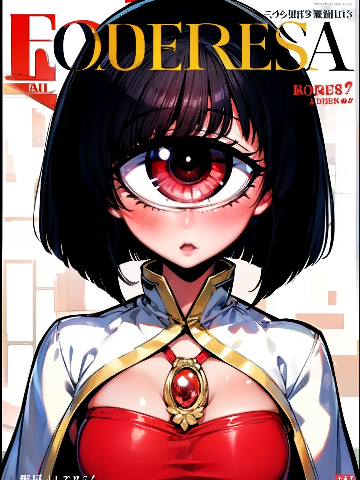 1girl, solo,tangan,cyclops,black hairs,bob cut, red eyes,breasts,areola ,royal dress,capee crown,upper body,looking at viewer,magazine cover,