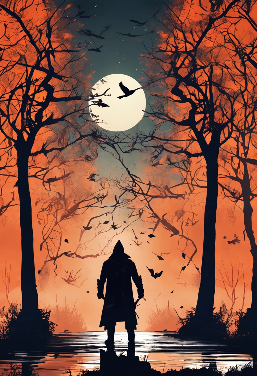 Silhouette of a hunter in the city of Yanan, Bloodborne, Glowing eyes, T-shirt design, dark magic splash, Gothic, Halloween, Burn orange gradient, magic, Nature, Clean background, Magic splash, 3D vector art, Fantasy art, Watercolor effect, Bokeh, Adobe illustrator, Hand-drawn, Digital painting, Soft lighting, Isometric style, retro aesthetic, 4K 分辨率, using Cinema 4D, Natural lighting, Cinematic, Masterpiece, Highly detailed, Intricate, Extreme texture, Horror, Terry Fassing, Creepy, Scary