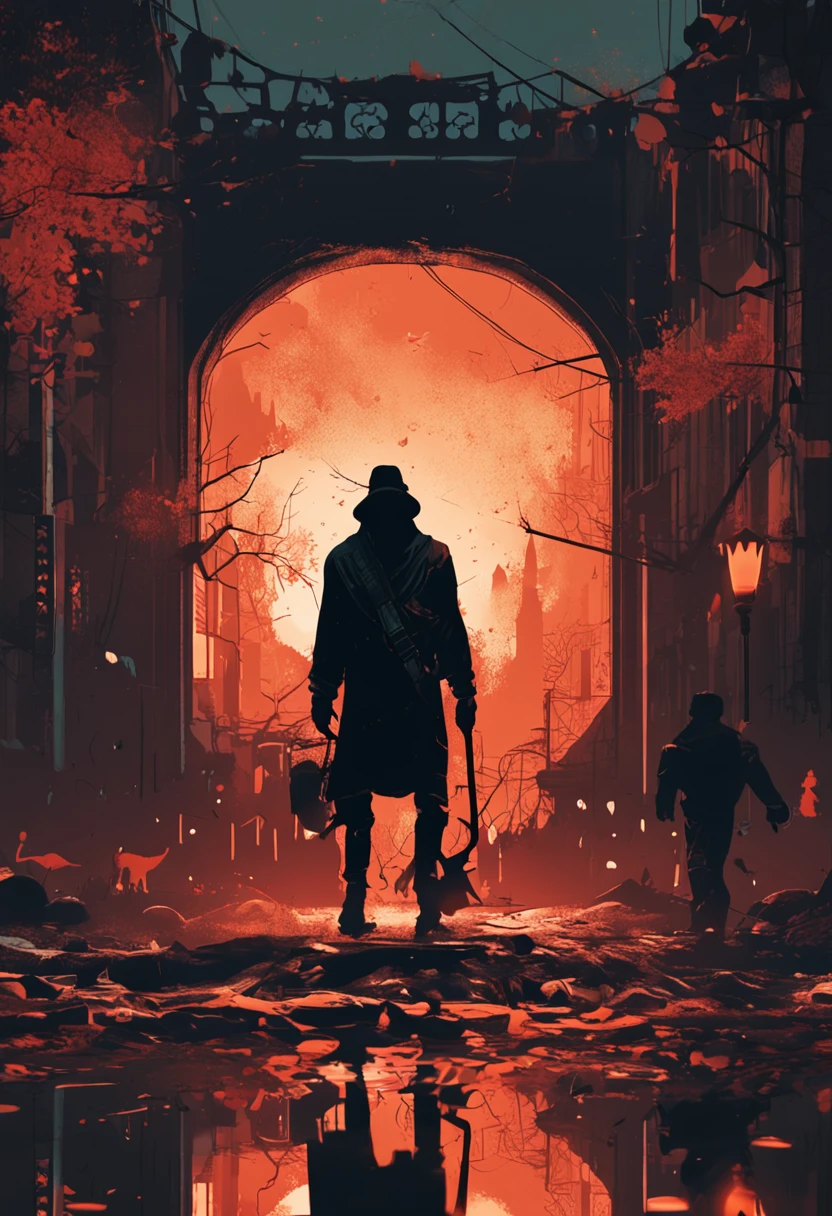 Silhouette of a hunter in the city of Yanan, Bloodborne, Glowing eyes, T-shirt design, dark magic splash, Gothic, Halloween, Burn orange gradient, magic, Nature, Clean background, Magic splash, 3D vector art, Fantasy art, Watercolor effect, Bokeh, Adobe illustrator, Hand-drawn, Digital painting, Soft lighting, Isometric style, retro aesthetic, 4K 分辨率, using Cinema 4D, Natural lighting, Cinematic, Masterpiece, Highly detailed, Intricate, Extreme texture, Horror, Terry Fassing, Creepy, Scary