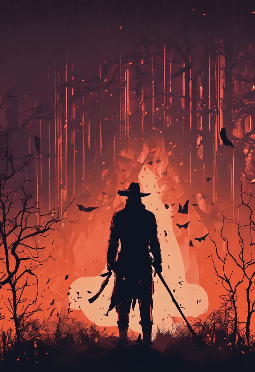 Silhouette of a hunter in the city of Yanan, Bloodborne, Glowing eyes, T-shirt design, dark magic splash, Gothic, Halloween, Burn orange gradient, magic, Nature, Clean background, Magic splash, 3D vector art, Fantasy art, Watercolor effect, Bokeh, Adobe illustrator, Hand-drawn, Digital painting, Soft lighting, Isometric style, retro aesthetic, 4K 分辨率, using Cinema 4D, Natural lighting, Cinematic, Masterpiece, Highly detailed, Intricate, Extreme texture, Horror, Terry Fassing, Creepy, Scary