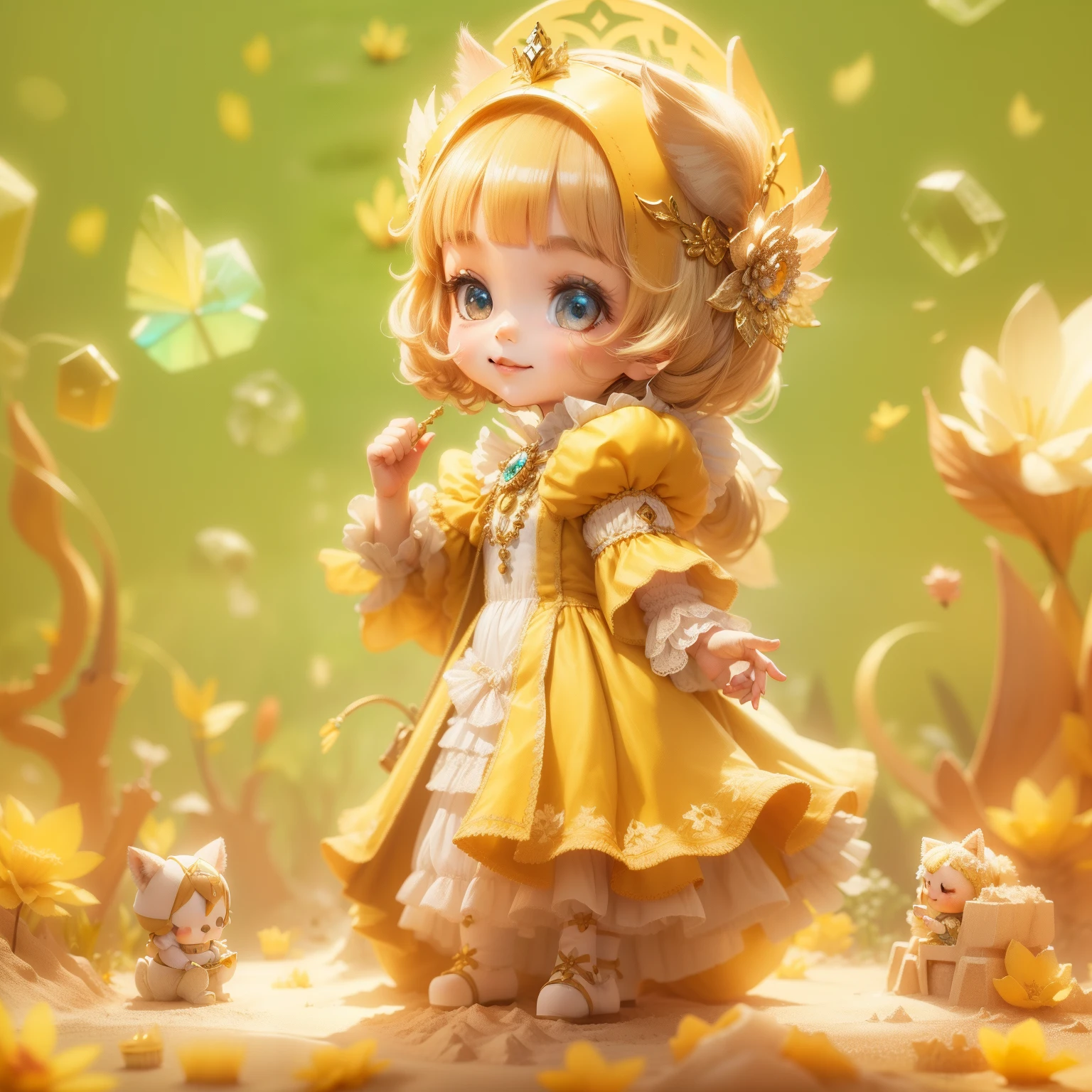 sandbox:1.4),in a panoramic view,Solo, full bodyesbian,Beautiful cute little girl, Wear delicate yellow leather shoes,It's like being in the Yellow Sea Ball Pool,Wearing a pale yellow dress, ssmile,Long light yellow hair,He holds a yellow rubber duck in his hand,Rococo style,Material de vidro,crystal material,extremely detaile, Cinematic lighting effects,4K,tmasterpiece,offcial art