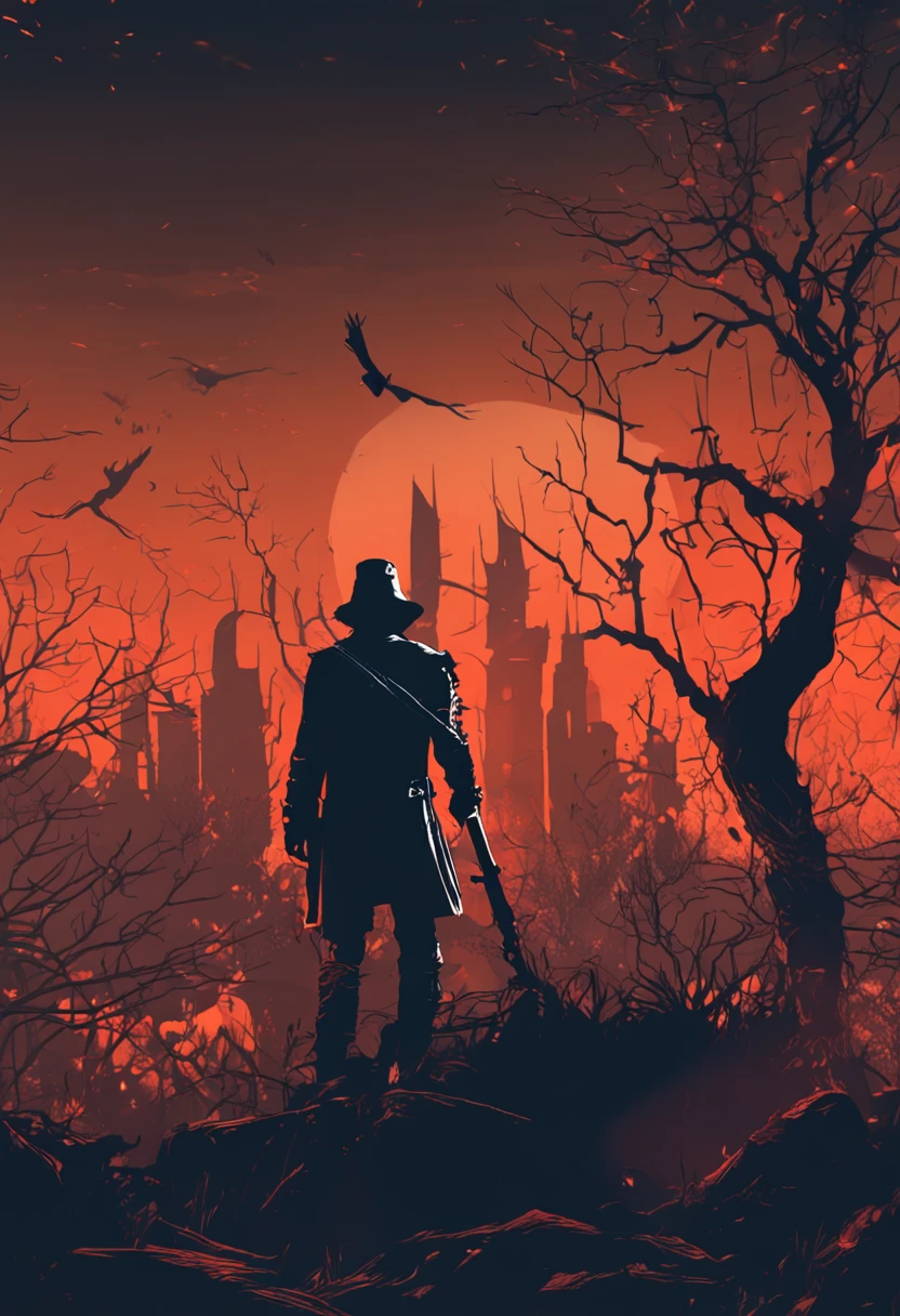 Silhouette of a hunter in the city of Yanan, Bloodborne, Glowing eyes, T-shirt design, dark magic splash, Gothic, Halloween, Burn orange gradient, magic, Nature, Clean background, Magic splash, 3D vector art, Fantasy art, Watercolor effect, Bokeh, Adobe illustrator, Hand-drawn, Digital painting, Soft lighting, Isometric style, retro aesthetic, 4K 分辨率, using Cinema 4D, Natural lighting, Cinematic, Masterpiece, Highly detailed, Intricate, Extreme texture, Horror, Terry Fassing, Creepy, Scary
