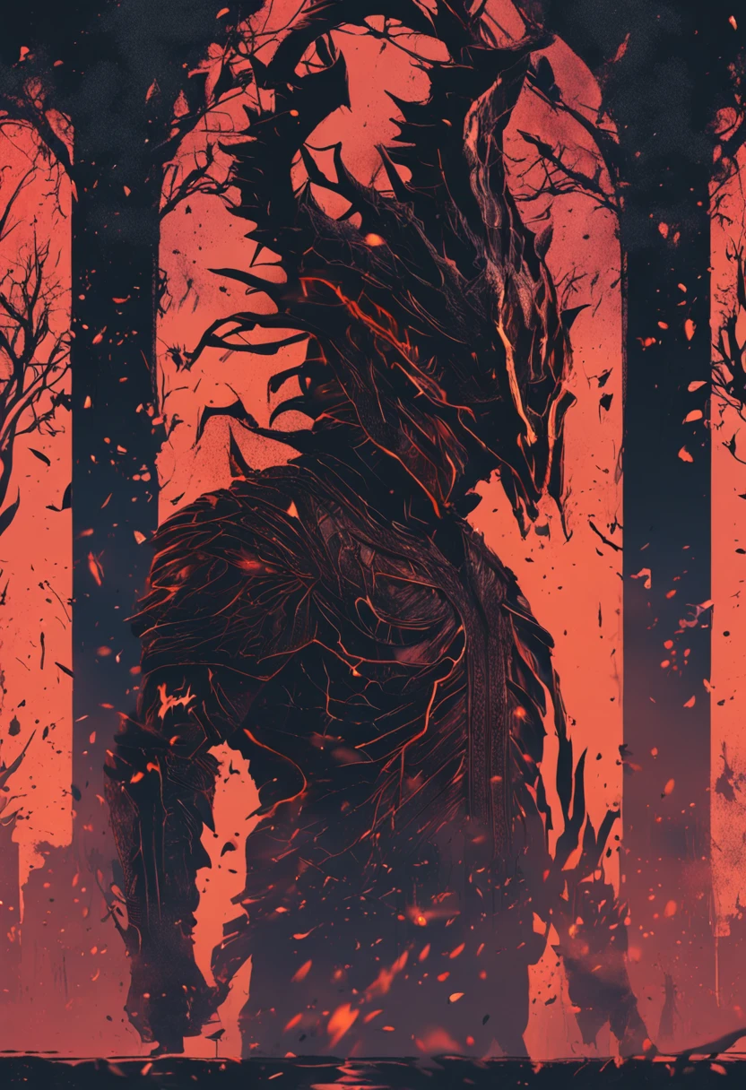 Silhouette of a hunter in the city of Yanan, Bloodborne, Glowing eyes, T-shirt design, dark magic splash, Gothic, Halloween, Burn orange gradient, magic, Nature, Clean background, Magic splash, 3D vector art, Fantasy art, Watercolor effect, Bokeh, Adobe illustrator, Hand-drawn, Digital painting, Soft lighting, Isometric style, retro aesthetic, 4K 分辨率, using Cinema 4D, Natural lighting, Cinematic, Masterpiece, Highly detailed, Intricate, Extreme texture, Horror, Terry Fassing, Creepy, Scary