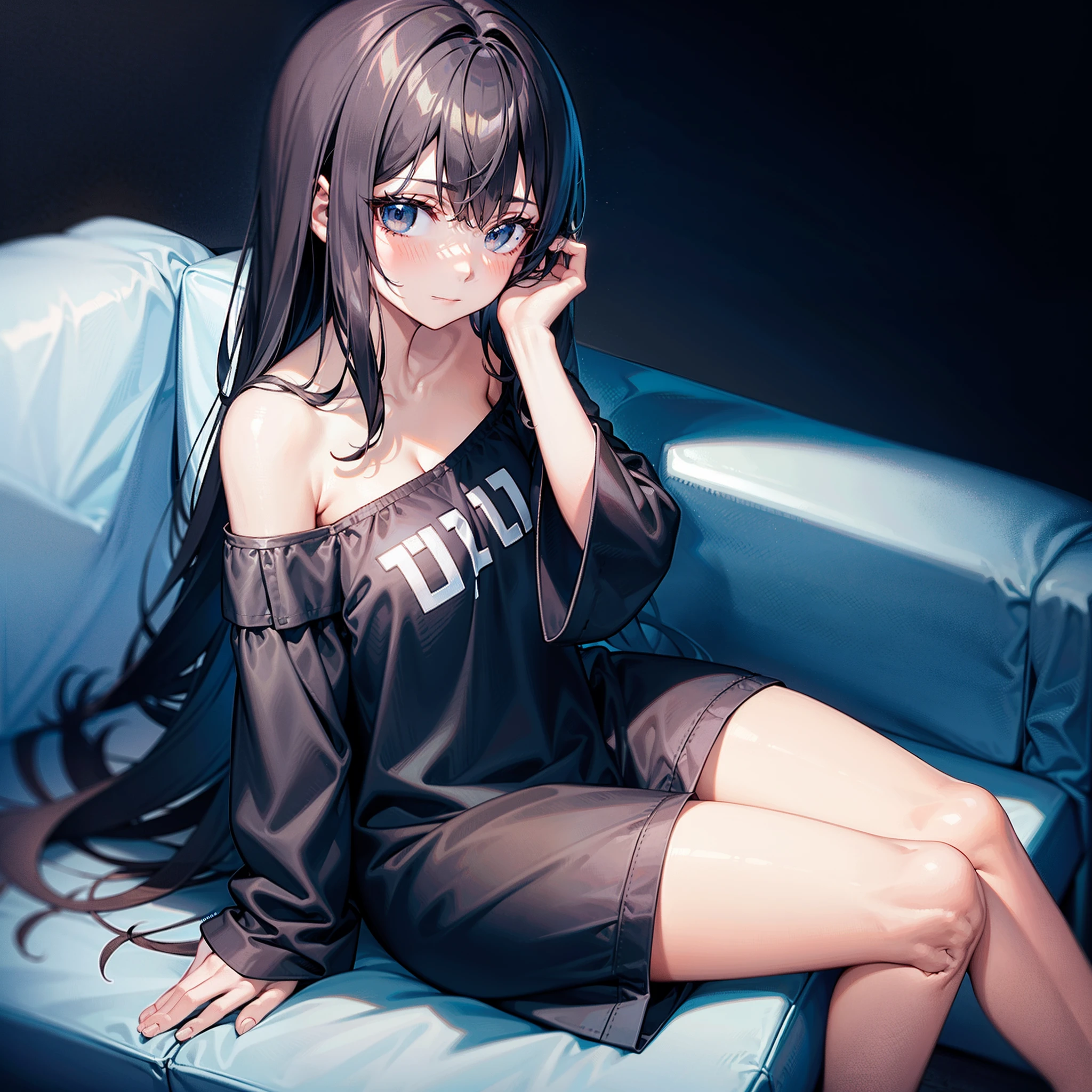 1girll,Black off-the-shoulder pajamas,sitting in the couch,A shy expression