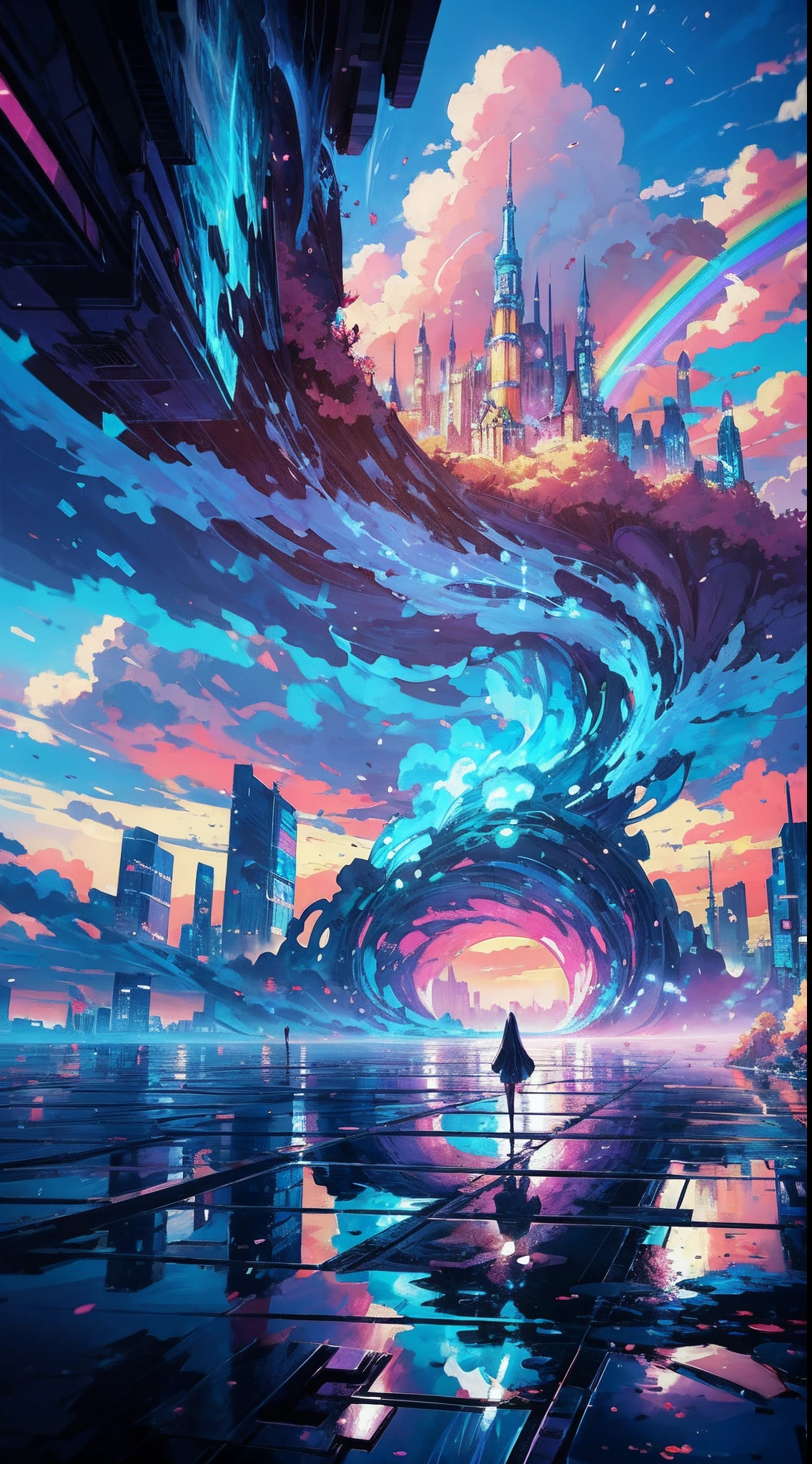 Anime girl standing in big city looking at rainbow sky,Near Future City、 makoto shinkai cyril rolando, anime art wallpaper 4k, anime art wallpaper 4k, Anime art wallpaper 8k, inspired by Cyril Rolando, in the style dan mumford artwork, amazing wallpapers, by Yuumei
