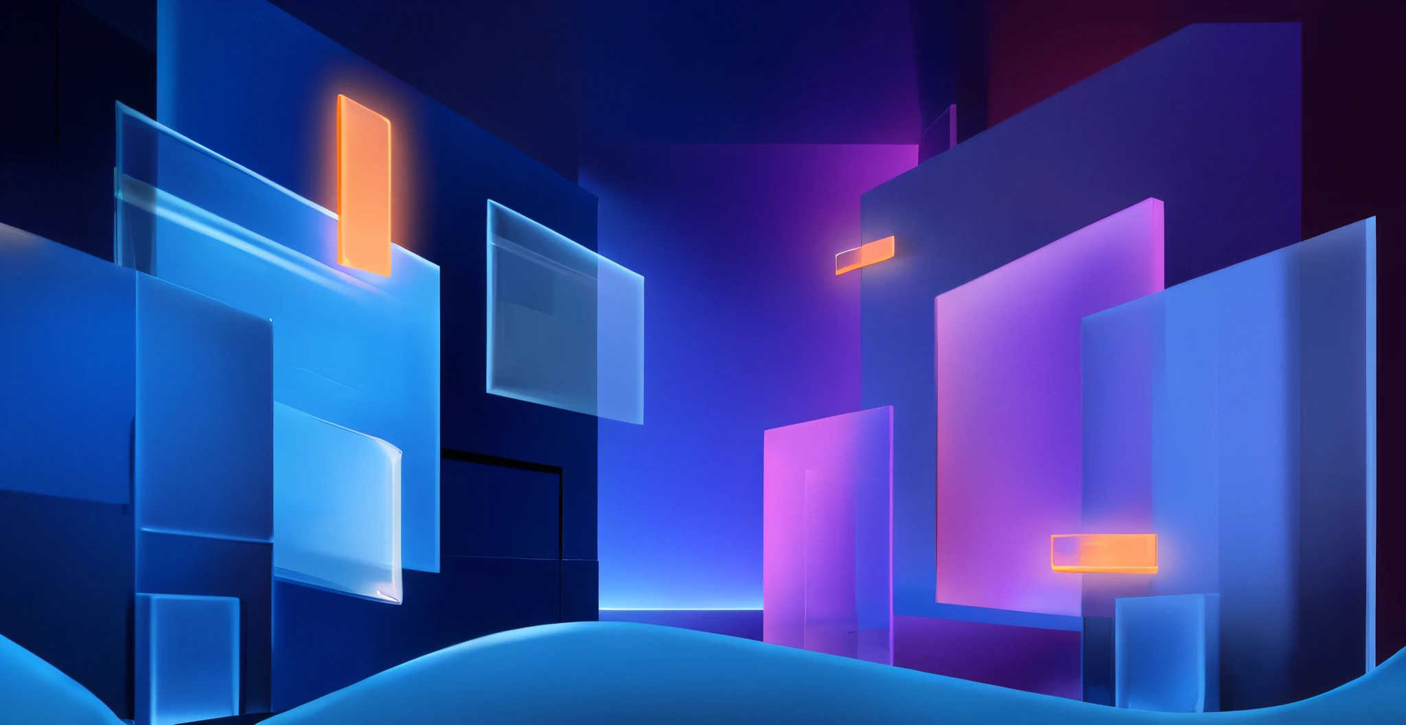 There are a lot of pieces of glass of different colors in this room, Clean edges，Glass texture，semi transparent，Matte texture，neonlight，vaporwave lighting, virtual metaverse room, brightly lit blue room, purpleish color，Orange colors，Orange glows，。.3D, cinema 4d colorful render，C4D，cinematric light，Cyberpunk light，high high quality，8K