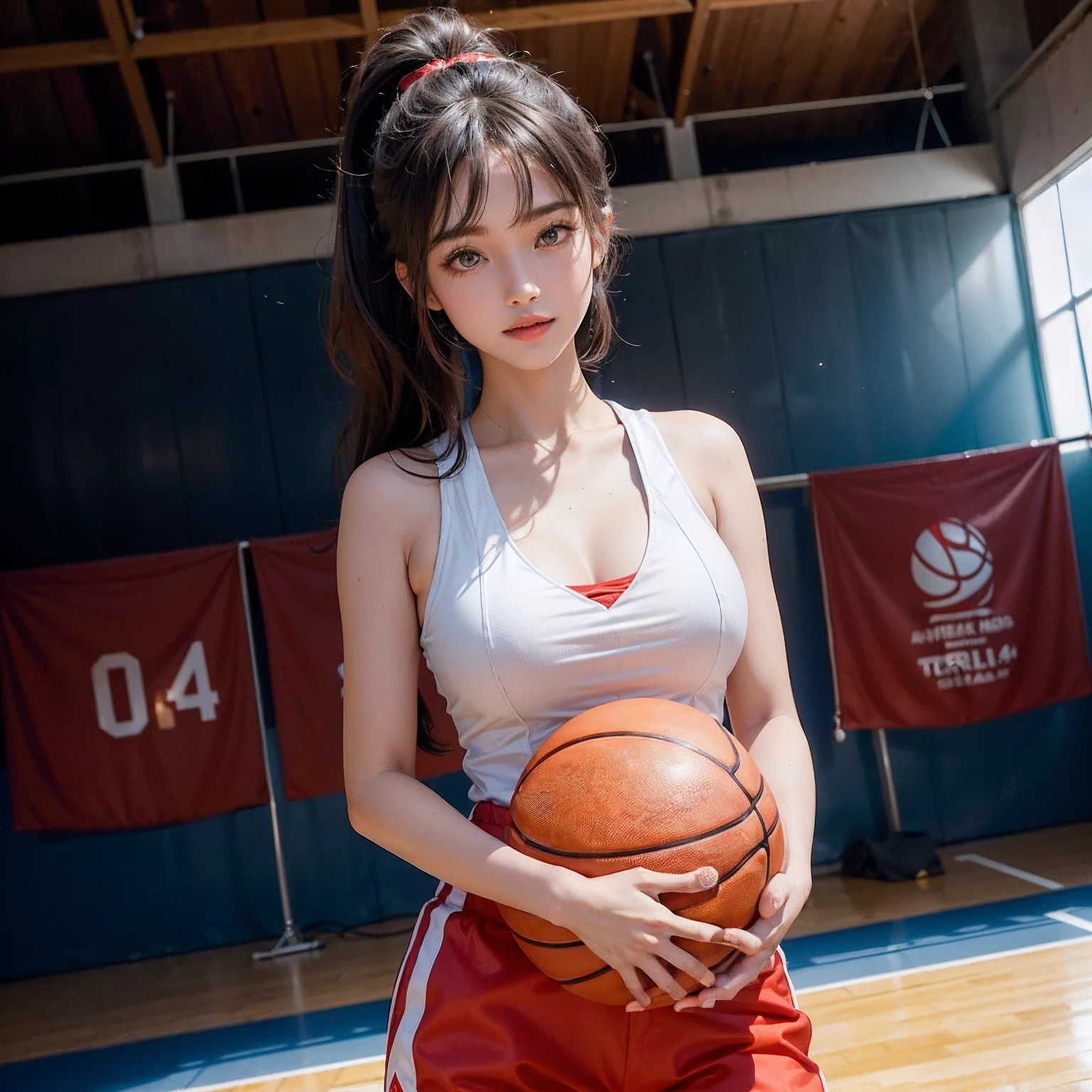 （RAW Photos，4K，tmasterpiece，hight resolution，very intricate）（realisticlying：1.4），Basketball hugs、full body Esbian、Wink、ssmile、Japan's bright red uniform、Basketball court、Basketball Goals、audience、spot light、illuminating、players、stadio、Having a Basketball、The best smile、Delicate girl illuminating facial features in a movie
1 Girls， single focus， Summer noon，（styles\），White skin，(Bigchest，cleavage)， (Best Quality), (hight resolution), (extremely delicate and beautiful),,(Beautiful 8k face),(Brown eyes),(ulzzang-6500:1.0),(Solo),(sideways Facing),(Spectators),(Large breasts),(nffsw),frontage,(Side), ,(Basketball sportswear),((Playing Basketball)),((Gymnasium)),((velocity)),(reality),（chiayi：1.5）， closeup cleavage， tmasterpiece， best qualtiy， RAW photogr， realisticlying， faces，adult lady， adolable， long beautiful hair，poneyTail、 depth of fields， hight resolution， ultra - detailed， finedetail， Very detailed， extremely detailed eye and face， Sharp pupils， realisitic， tack sharp focus， cinmatic lighting