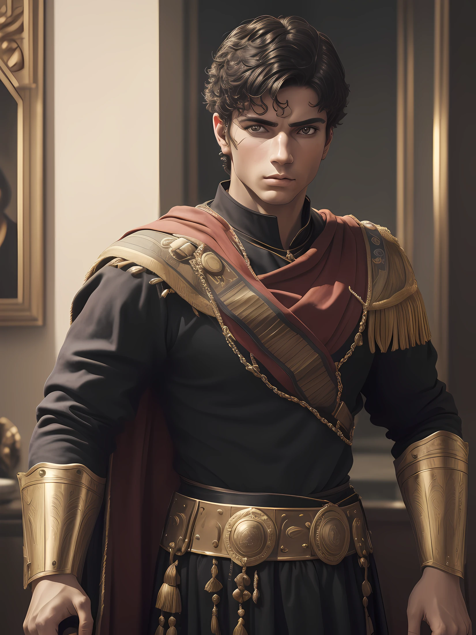 ((1Homem jovem)), com (Costume of the Roman Empire:1.2), ((Autoretrato do rosto:1.2)), rosto realista com detalhas intrincados, com cores vivas, auto contraste, saturarão alta, (fotorrealista:1.5), CGI, UHD, 8K UHD.