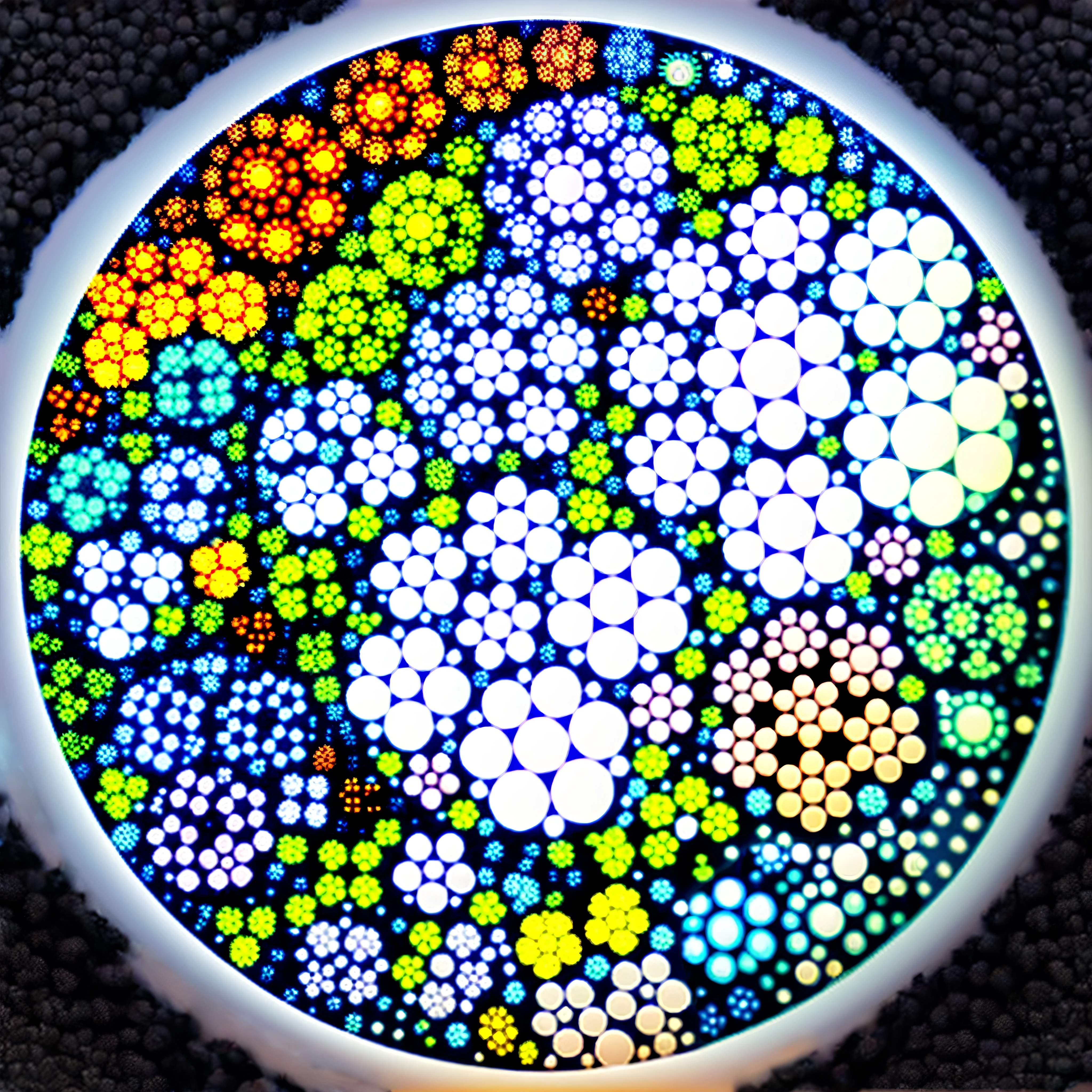 photo of colorful glowing fractal lace of perfectly round circles, black background, RAW photo, high quality