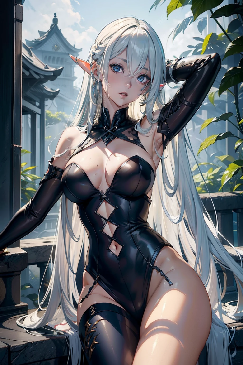 4D、Dark Elves,27yo,(8K picture quality、high-detail、masterpiece、ultra-definition)、Ray traching、a blond、a blond、white hair、Long、(Brown-skinned)、high-detail skin、scarface