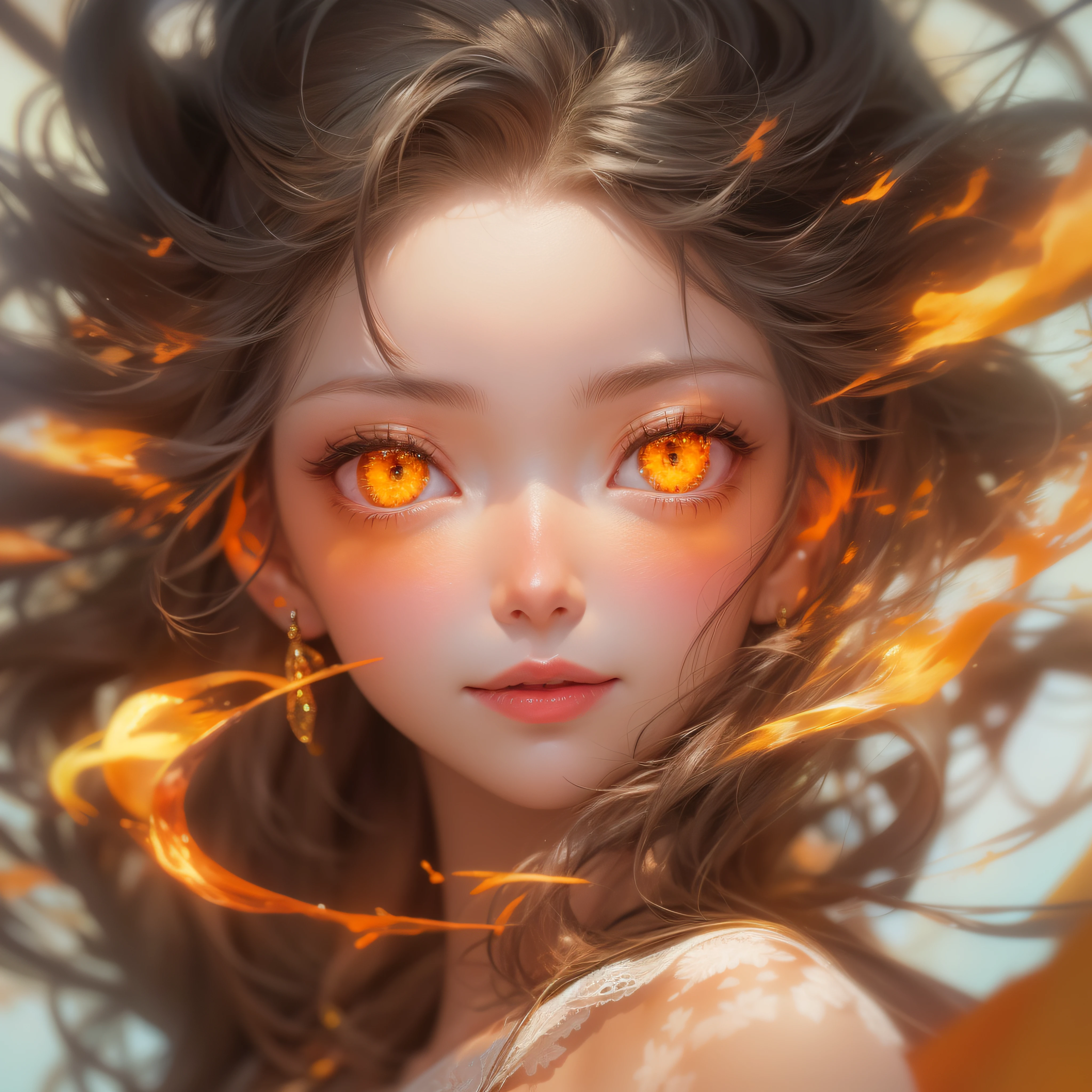 (masterpiece, best quality, absurd), high quality, altars, ultra detailed, intricate, depth of field, cinematic lighting, soft lighting, yellow light, night, close-up, looking at the viewer, beautiful woman, 1girl, succubus girl, big breasts, red hair, orange eyes, ((pupils cut off, bright eyes)), horns, wings, ((evil smile, open mouth)), fantasy, realistic fire in the background, surrounded by fire, embers, molten rock, big boobs, cut and transparent linen suit, perfect white teeth, sticking out tongue with saliva