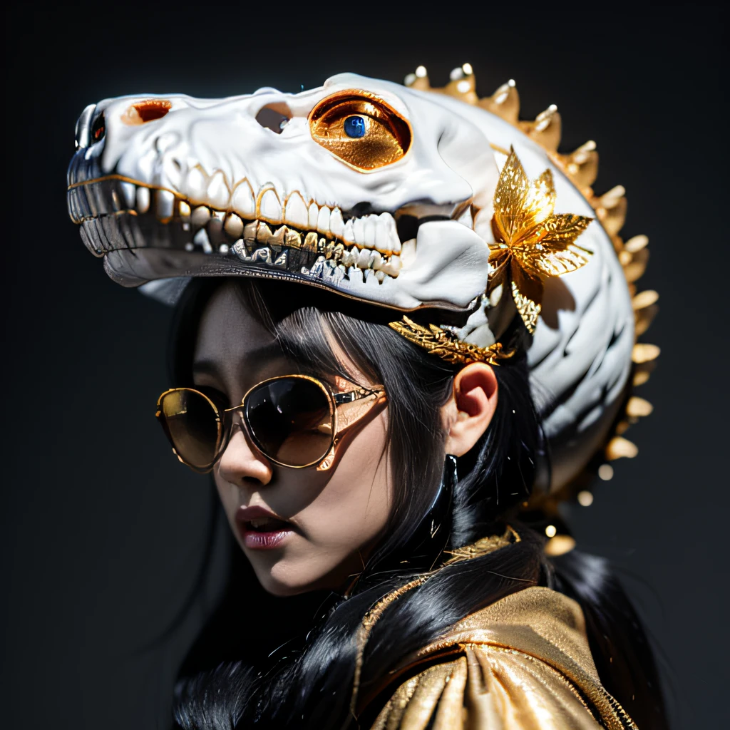 Late at night when it snows，32K（tmasterpiece，k hd，hyper HD，32K）Purple-pink double ponytail，flower stick，Indigo Skull King ，Mahogany steering wheel （The skeleton is realistic：1.4），Crocodile pattern robe，Rusty skull ornaments，Sargin linen cloak，Petals flutter，Deep gold sunglasses，Hold your head high，Be proud，The nostrils look at people，A primary and secondary school student， A high resolution，Xueba， the detail， RAW photogr， Sharp Re， Nikon D850 Film Stock Photo by Jefferies Lee 4 Kodak Portra 400 Camera F1.6 shots, Rich colors, ultra-realistic vivid textures, Dramatic lighting, Unreal Engine Art Station Trend, cinestir 800，Hold your head high，Lateral face，Be proud，The nostrils look at people，Tsundere，Petals flutter，Petals flutter，Crocodiles sprinkled with gold dust，Fluttering，Impeccable，( reasonable design, Clear lines, High sharpness,Best quality, Very detailed skeleton, The skeleton of a masterpiece, offcial art, movie light effect, 8K crocodile skeleton（（（Platinum marble sunglasses）））Deep gold sunglasses，side portrait