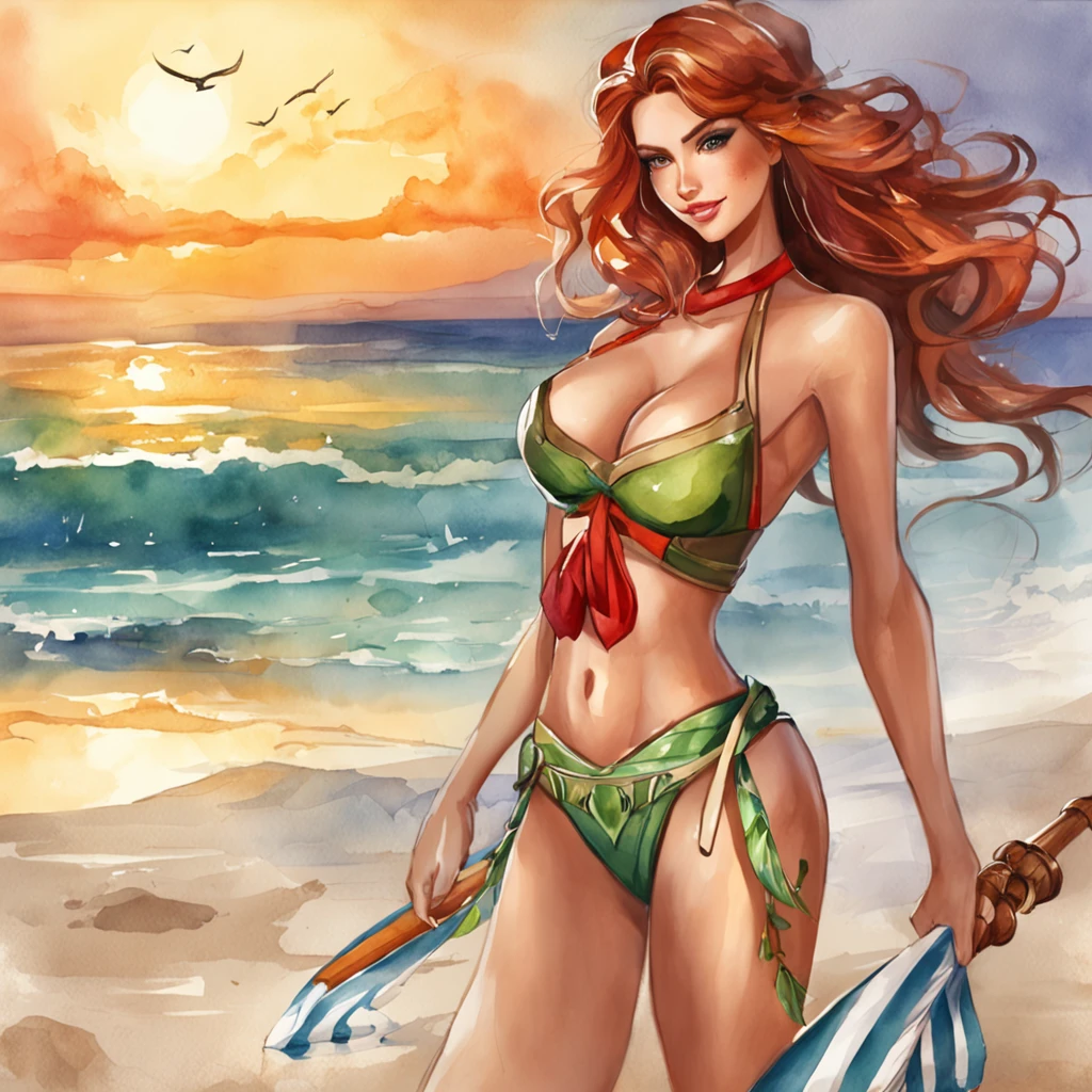 Take an HD photo, 8k,  of Miss Fortune on the beach wearing a bikini