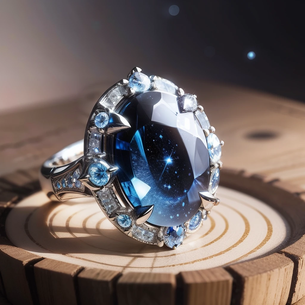 a picture of Enchanted ring, oval dark blue stone containing a galaxy of stars, silver fitting, on a white background, drop shadow, macro photo, super detail, hyper realism