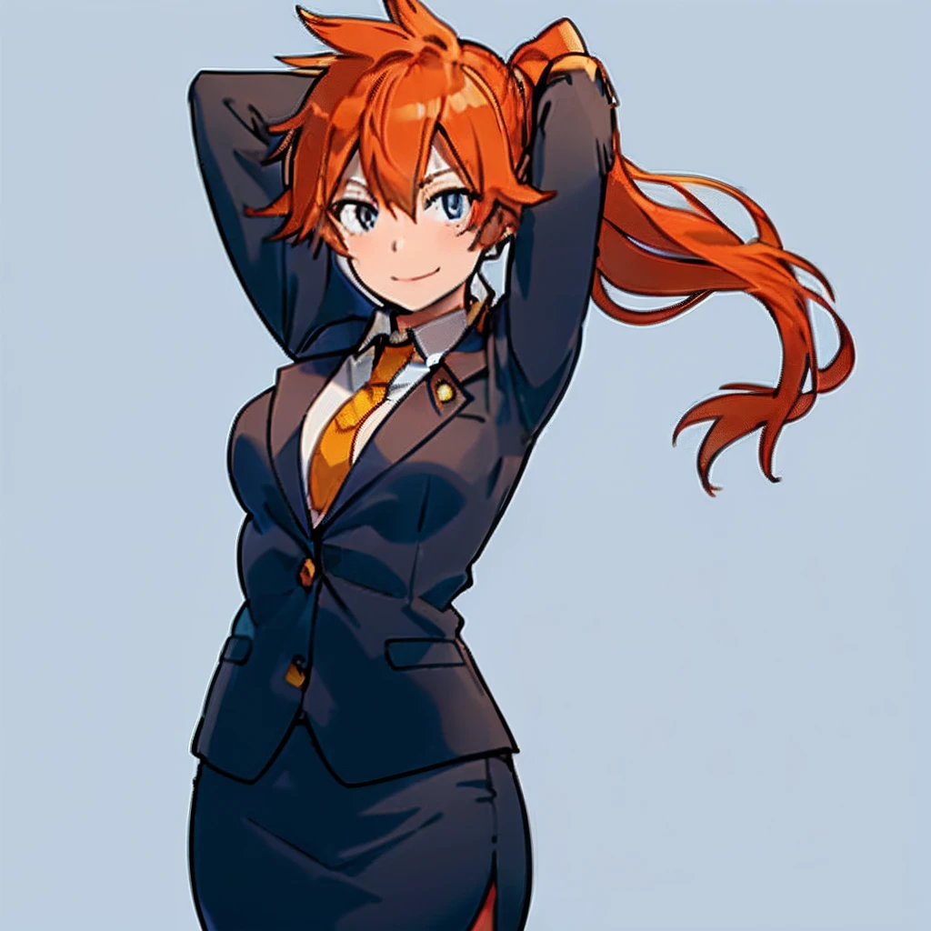 itsuka kendou, 1girl, solo, long hair, breasts, looking at viewer, smile, blue eyes, simple background, white background, closed mouth, ponytail, cowboy shot, orange hair, arms up, side ponytail, business suit, blazer, pencil skirt