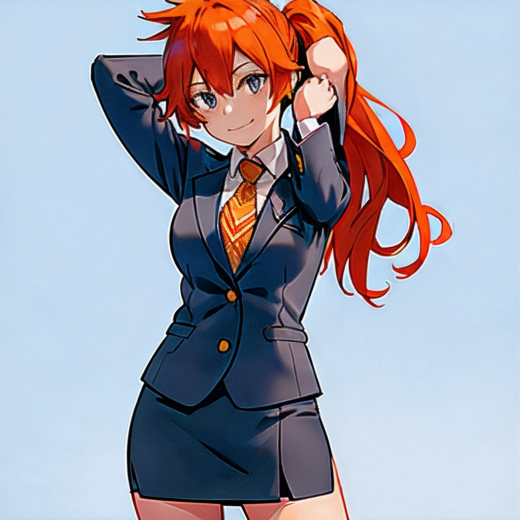itsuka kendou, 1girl, solo, long hair, breasts, looking at viewer, smile, blue eyes, simple background, white background, closed mouth, ponytail, cowboy shot, orange hair, arms up, side ponytail, business suit, blazer, pencil skirt