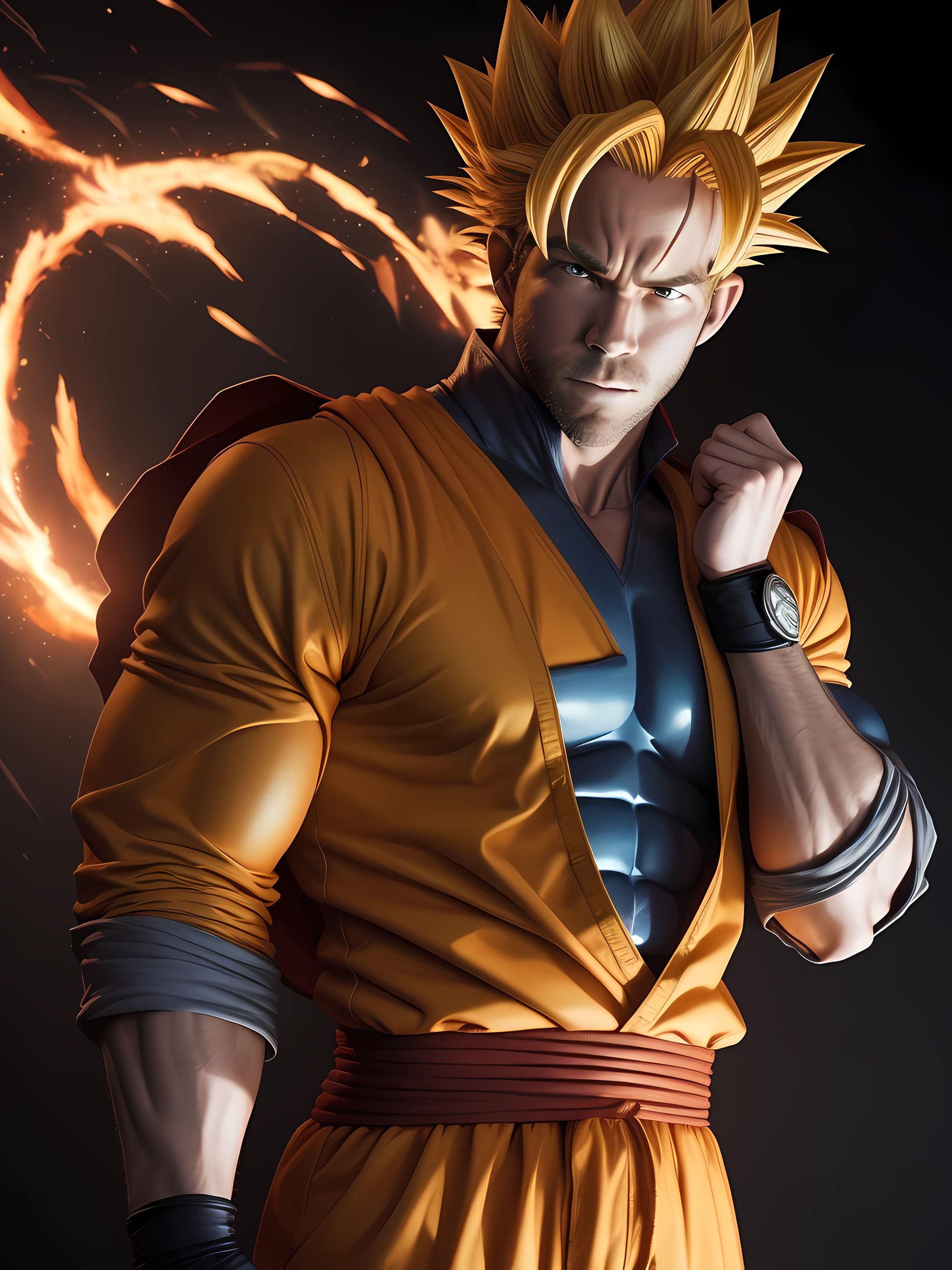 Um homem, com traje do super sayajin do Dragon Ball Z, como Goku do Dragon Ball Z, fotorealista, autoretrato realista, imagem real, pele humana realista, inspirado em Ryan Reynolds.