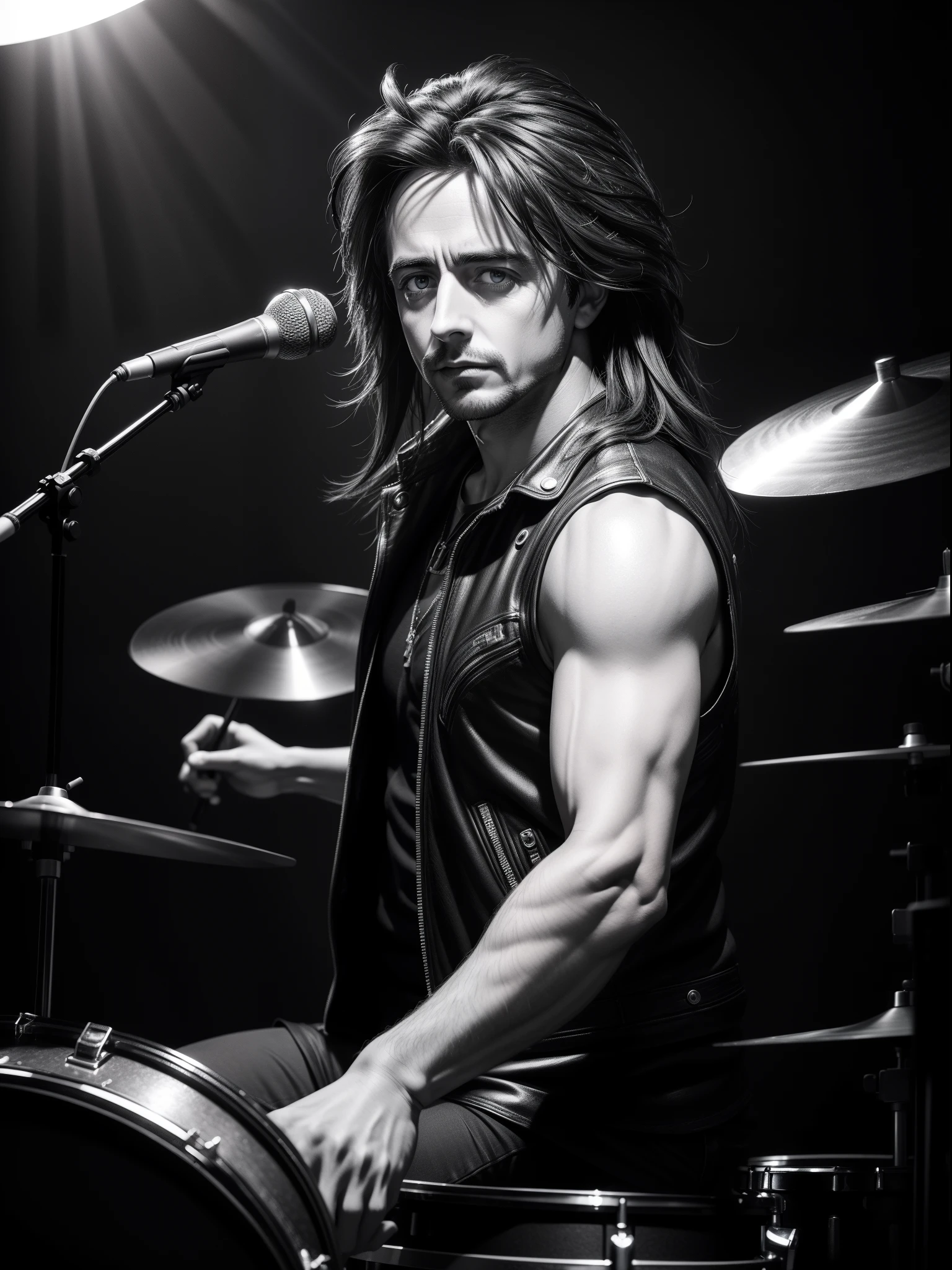 a professional ((black and white))photo shoot of 80's long heavy metal hair styled male 30 years old famous presenter (Richard Hammond:1.2) plays drums on stage, detailed face, detailed eyes, symmetric eyes, perfect face, directional stage light from abice, shallow depth of field, masterpiece photography work of Annie Leibovitz, professional Lightroom Color grading by Kenneth Hines Jr.,, ultra-sharp focus