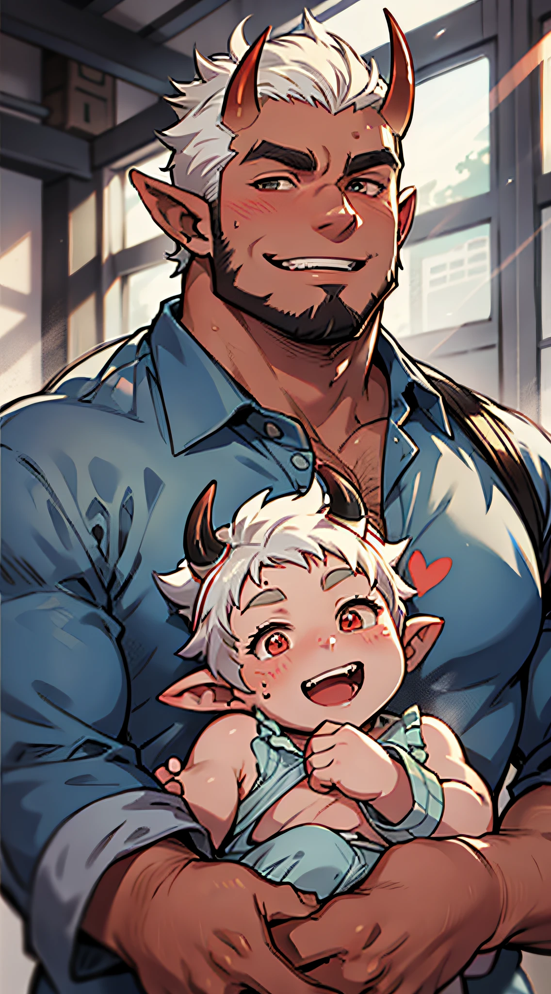 1 man, young middle-aged man, Oni, (crimson dark red skin), long pointy ears, little red horns on the forhead, fangs, cute happy smile, square face, solo, muscular, hairy, chubby, belly, tall, giant, hunk, big biceps, big thighs, wide shoulder, facial hair, crewcut hair, white hair, wearing a baggy cyan blue formal shirt, grey jeans, raising and hugging a baby Oni with 2 arms, looking at the baby, heart-warming moment, standing in playground, viewer looking, smirking, high resolution:1.2, best quality, upper body shot, flat style, low camera angle, volumetric lighting, depth of field, shadow, seen from the front