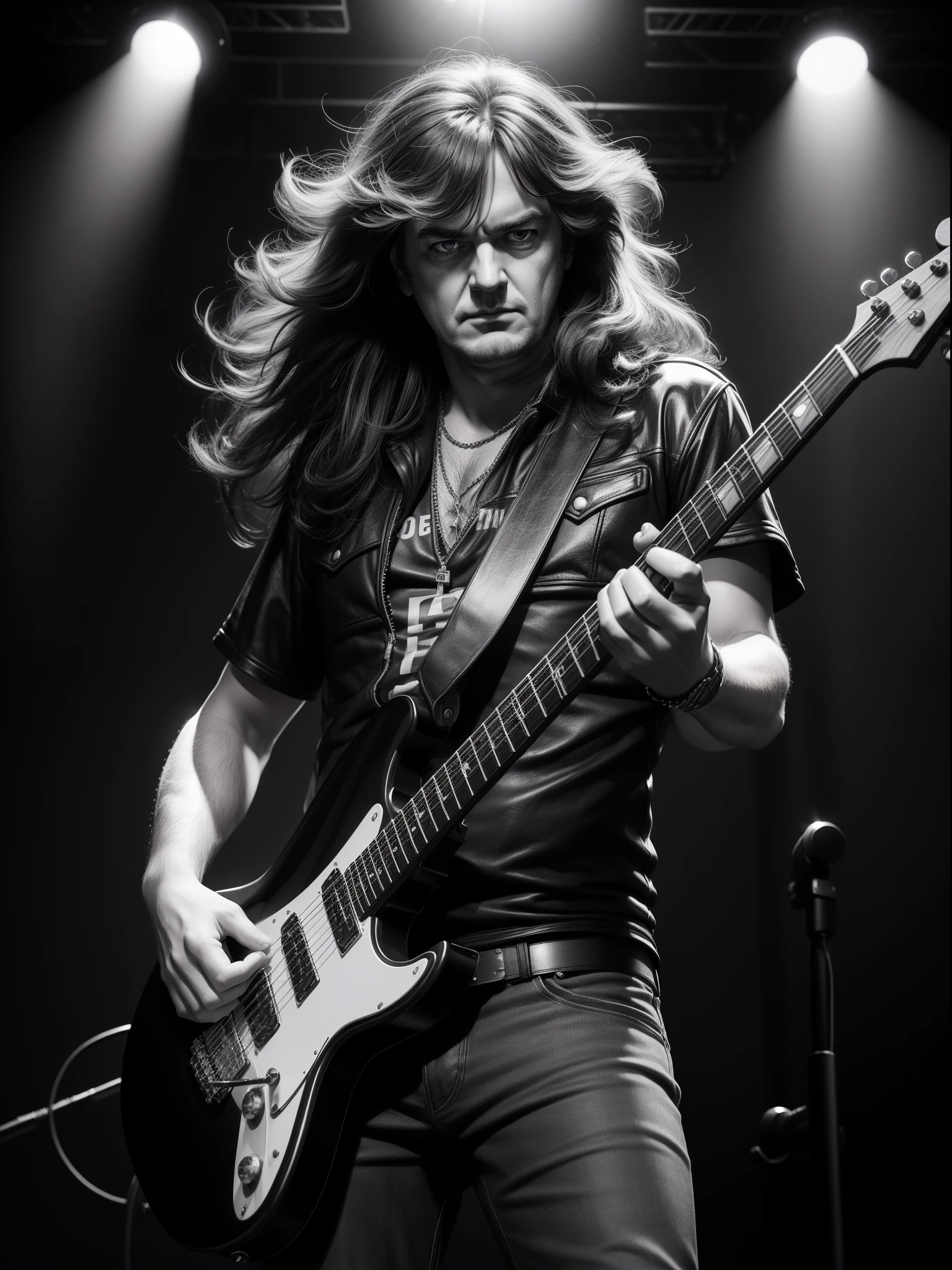 a professional ((black and white))photo shoot of 80's long heavy metal hair styled male 30 years old famous presenter (James May:1.2) plays electric guitar on stage, detailed face, detailed eyes, symmetric eyes, perfect face, directional stage light from abice, shallow depth of field, masterpiece photography work of Annie Leibovitz, professional Lightroom Color grading by Kenneth Hines Jr.,, ultra-sharp focus