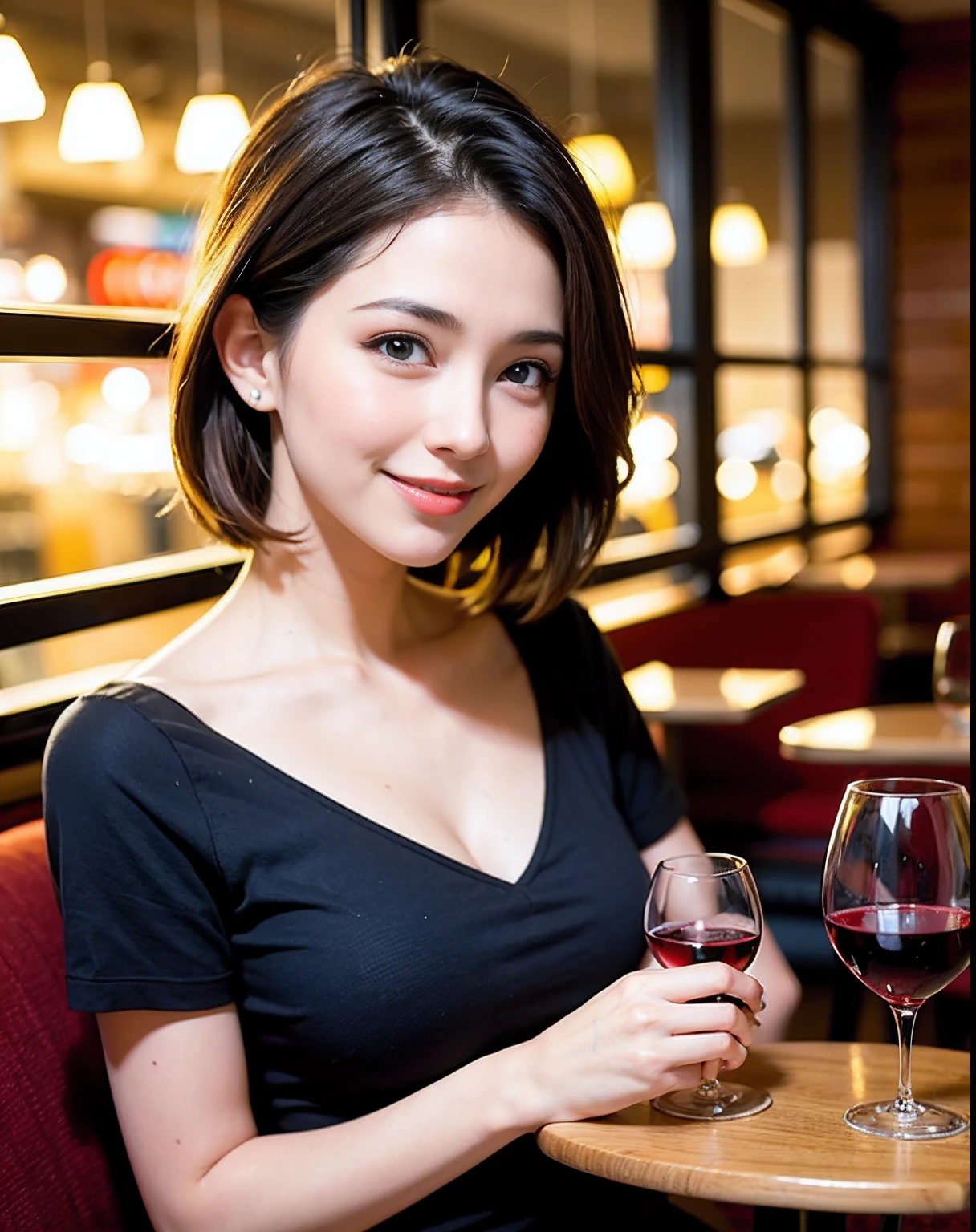 (64K, UHD, top quality, masterpiece: 1.2), (realistic, photorealistic: 1.37), super detailed, pretty woman 1 person, (slim face), (slim body), (brown hair), (short cut), cheeks slightly blushing, (39 years old), 38 years old, solo, beautiful detailed urban night view outside the window, restaurant, wine glass sitting, night, in a prominent place (from the waist up) NovaFrogStyle, Actress, Model, Waist Up, White Wine, Slim, Wine Glass, Super Clean Night View, Wine Glass Put in the Middle, Happy Smile, (Smile: 1.15), Beautiful Fine Eyes, Upper Body, Bust Japan Up, Night, Short, Short, Actress, Model, Waist Up, White Wine, Slim, Wine Glass, Super Clean Night View, Wine Glass Put in the Middle, Happy Smile,