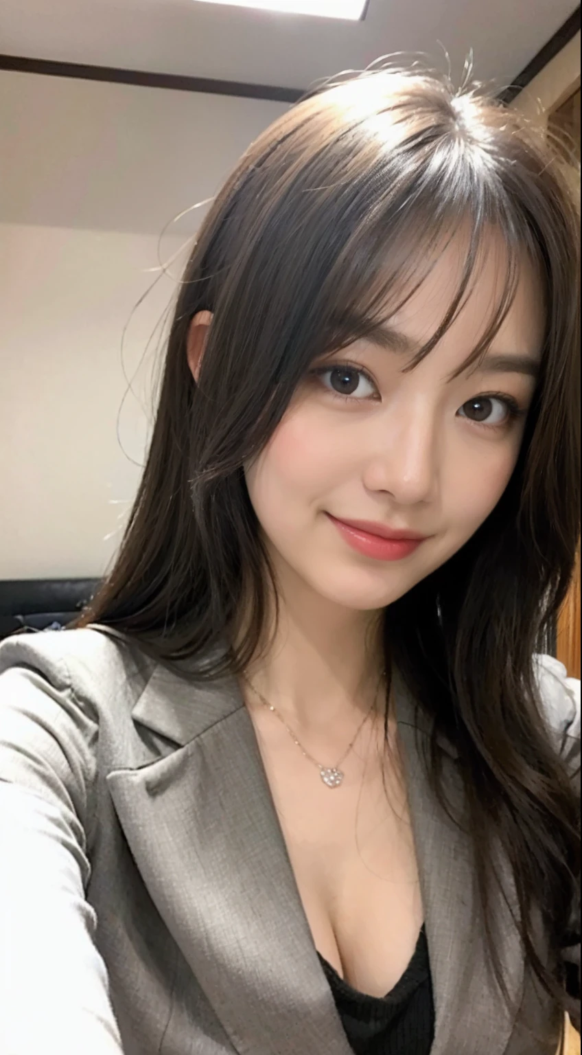 ((Best quality, 8K, Masterpiece :1.3)), 1girll,Pretty women: 1.3, (Dark brown hair, Bigchest: 1.2), (, Bed, self-shot:1.2), Ultra-delicate face, Delicate eyes, Double eyelids, Smile, winking,Black suit shirt,self-shot,Pouts and kisses,By hand Biye,