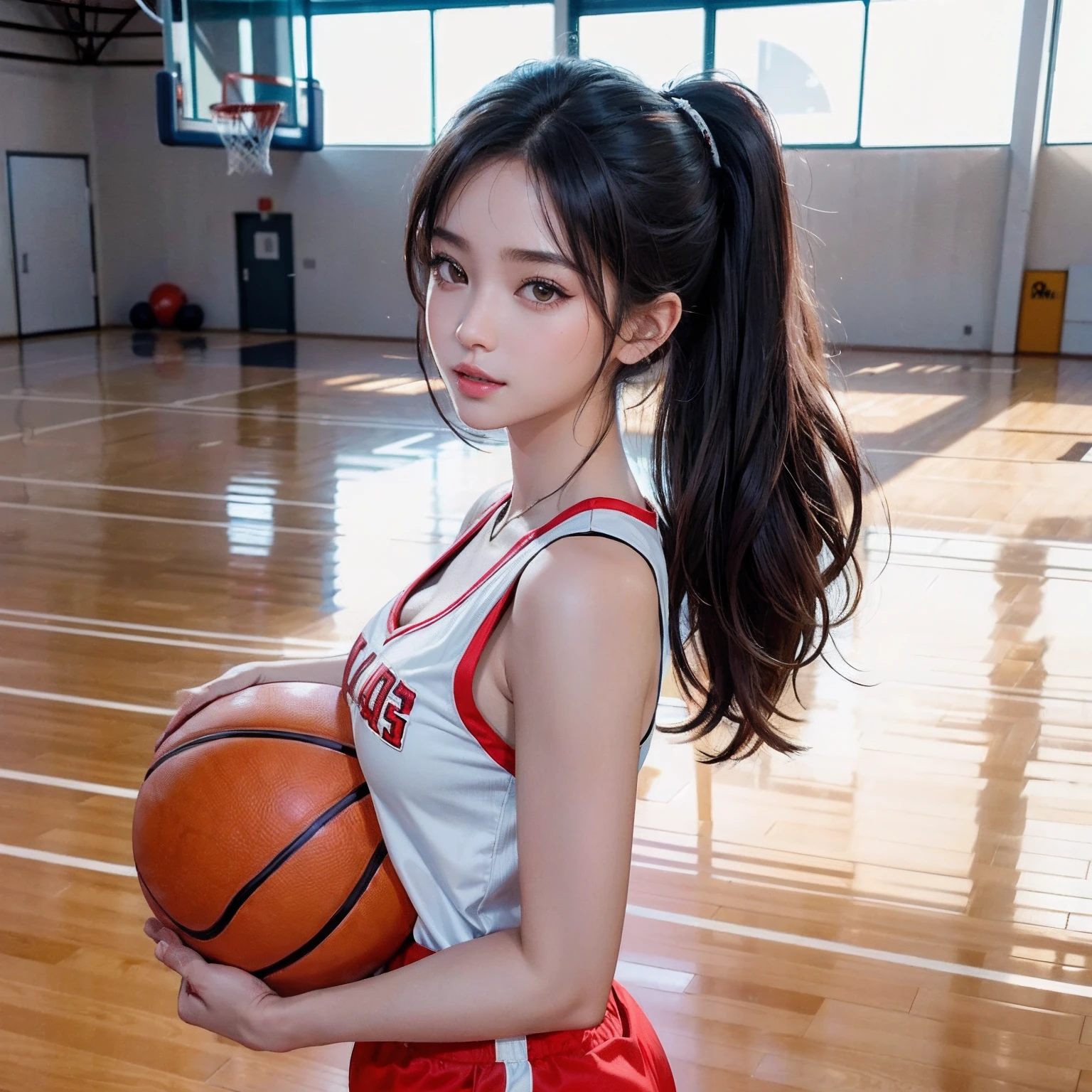 beautiful detail, best quality, 8k, highly detailed face and skin texture, high resolution, big tits cute long hair girl in pink basketball jersey at basketball court, full body, sharp focus