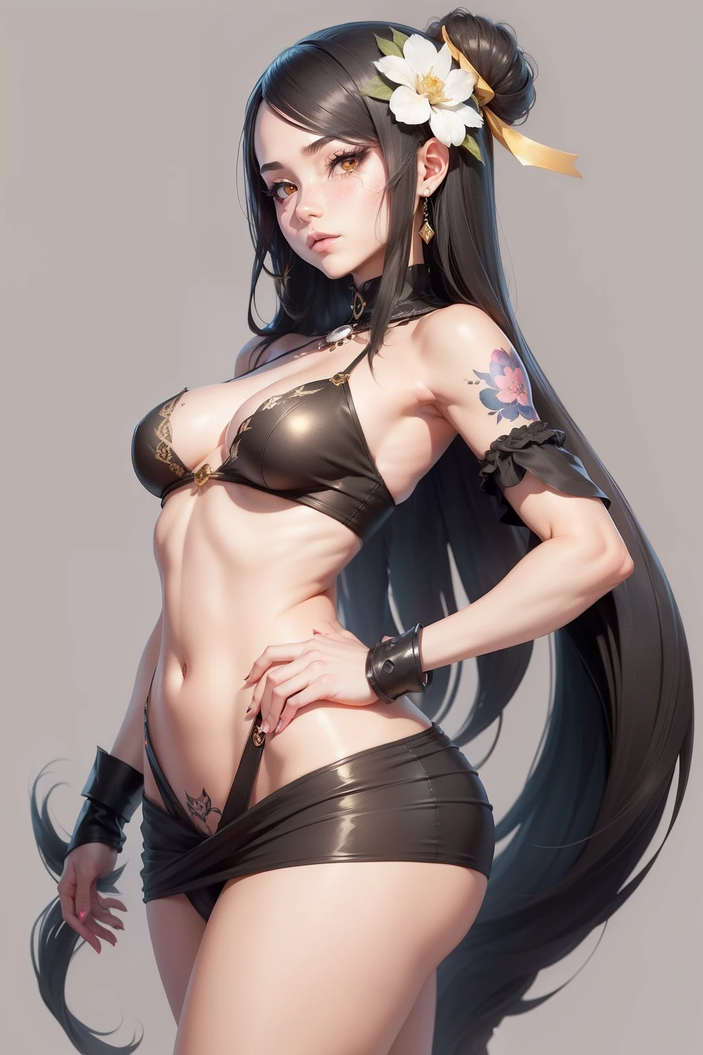 Design a Skullgirls-style character: a young white woman with long black hair, adorned with watercolor flowers. She should have wide hips, a small waist, and a modest bust, maintaining a cartoon charm. Create a random pose, using watercolor and pastel colors for a non-anime, non-realistic aesthetic. Include Japanese-style cloud tattoos on her body. Render in 4K, full-body. Vary outfit for aesthetic appeal. Proportions in face and body should follow the golden ratio. Facial details are crucial for her allure.