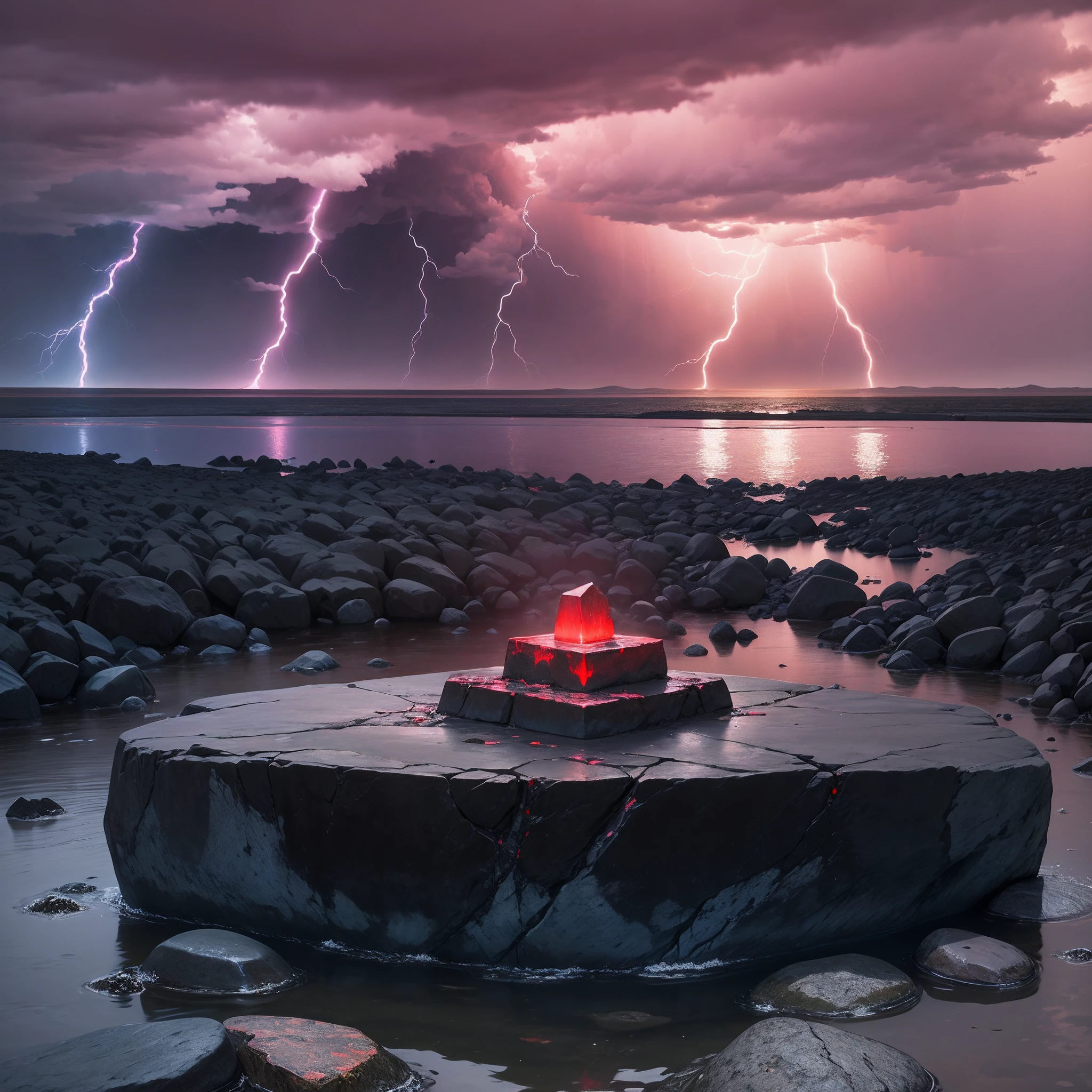 Black stone altar with a ruby on top, large area of smooth black stones around, lightning and thunder in the sky, partially red water near the stone area, slightly reddish clouds --auto --s2