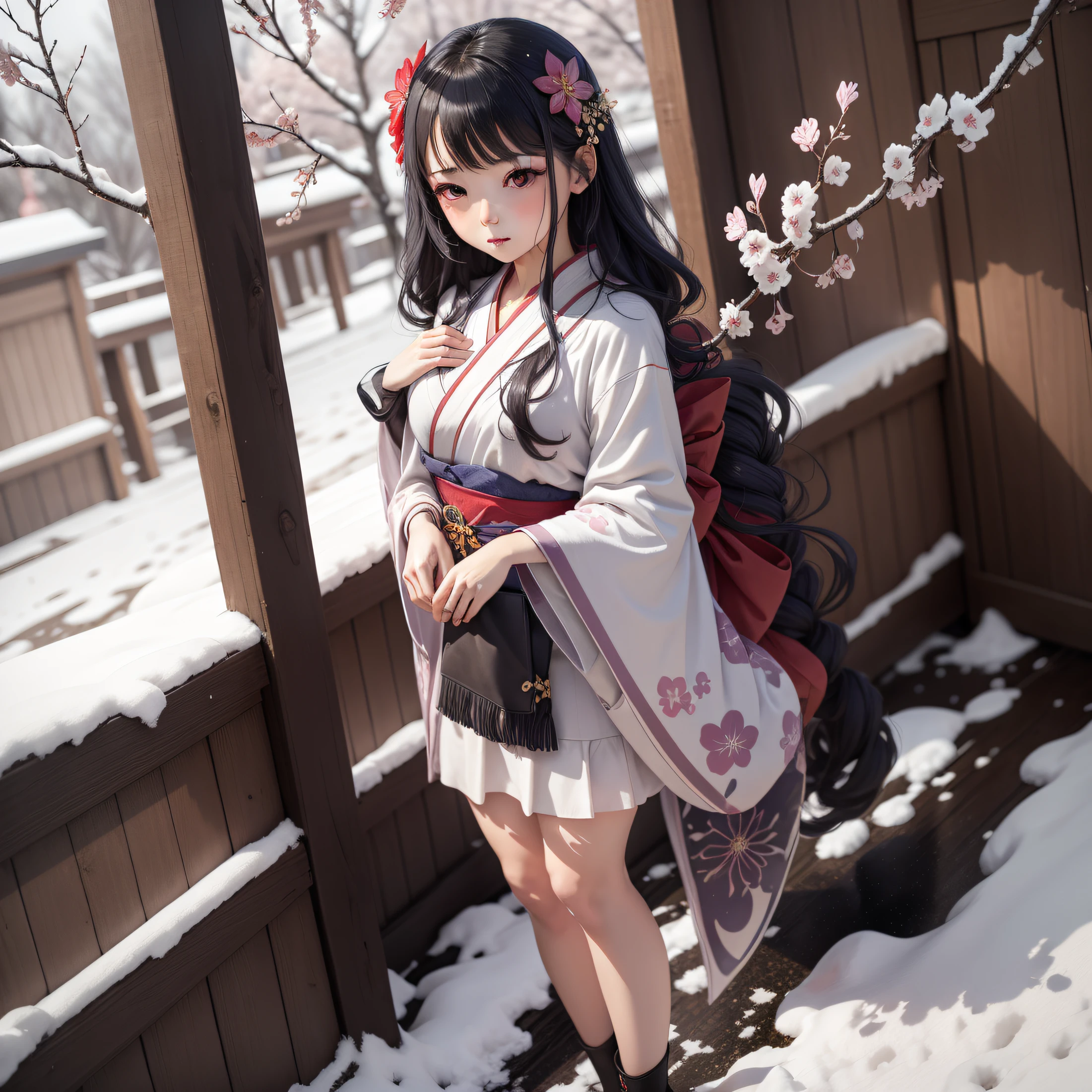 Long black hair, Red eyes, A girl standing in the open snow，It was snowing heavily in the sky，The girl wears a kimono、Short skirt and white stockings，，Next to it is a plum blossom tree with plum blossoms