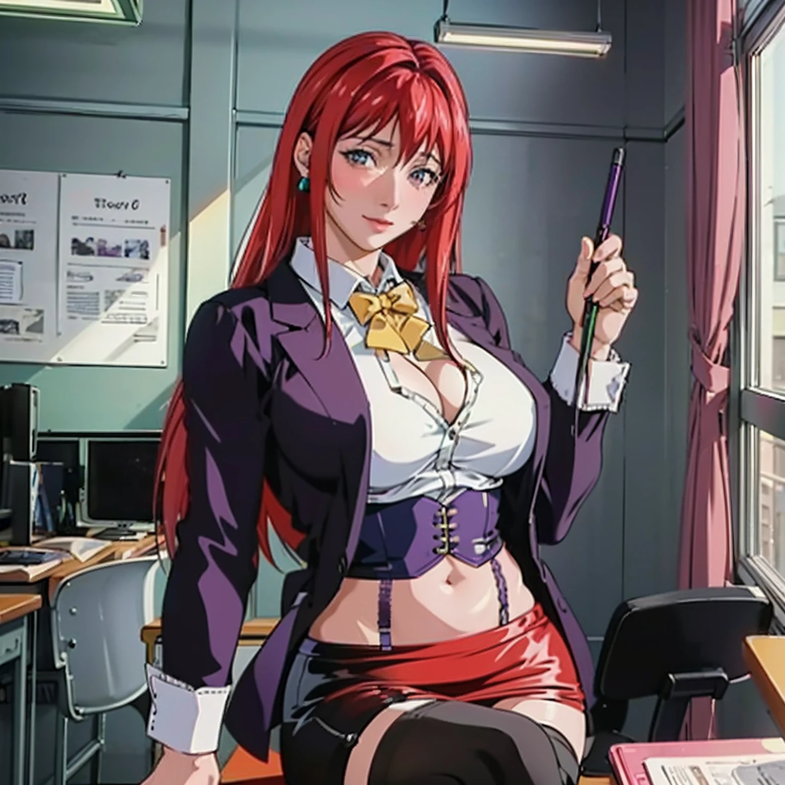 (Best quality, Ultra-detailed, Anime Pictures, Game CG, art cg, Photorealistic, Movie lighting, perfect shadow, realistic lighting shaded, Unity 8k wallpaper), Hiroko Takashiro, Red hair,,Large breasts,Long hair,Mature female,(Purple eyes), Perfect eyes, Perfect face, Earrings, shirt, Jacket, black thighhigns, (purple garter belts:1.1), zettai ryouiki, pencil skirts, school uniform, high-heels, vulgarity,nose blush,view the viewer,Sexy pose,in Staff room,holding mechanical pencil,sit on chair,Spread legs,