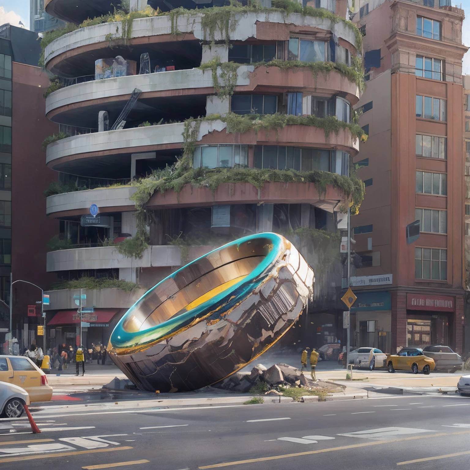 there is a large ring that is sitting on the side of the road, in the art style of filip hodas, inspired by Filip Hodas, by Filip Hodas, inspired by Victor Enrich, recusion beeple, 3 d render beeple, by Victor Enrich, beeple. octane render,