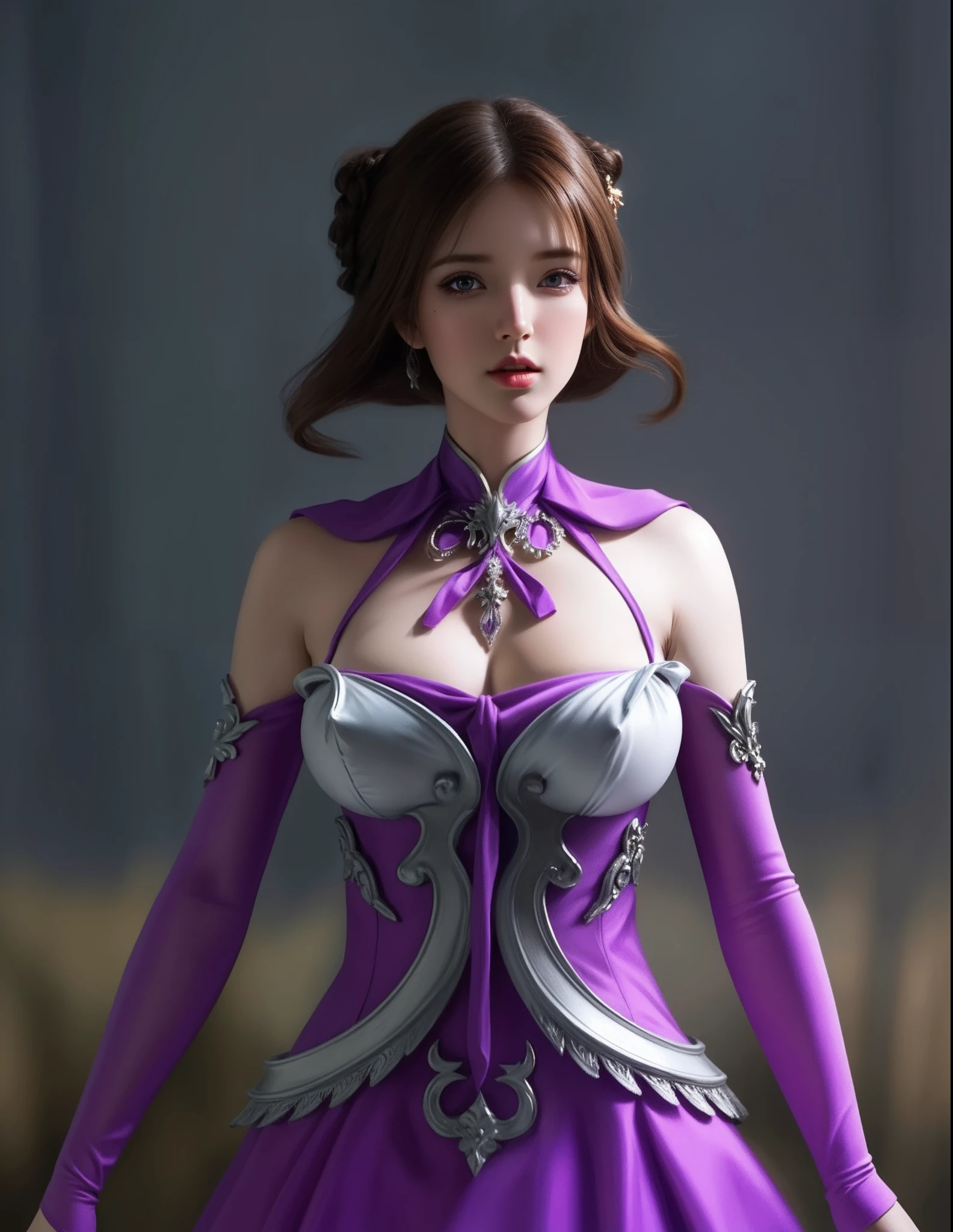 1 beautiful girl in Han costume, thin purple silk shirt with white color with many textures, white lace top, long platinum purple ponytail, hair jewelry, ear jewelry, light purple rabbit ears, necklace and necklace, meticulously drawn large purple eyes, meticulous makeup, thin eyebrows, high nose, lovely red lips, not smiling, pursed lips, rosy cheeks, wide breasts, big breasts , well-proportioned bust, slim waist, purple mesh socks, chinese hanfu style, fictitious art textures, vivid and realistic colors, RAW photos, realistic photos, ultra high quality 8k surreal photos, (effective fantasy light effect: 1.8), 10x pixel, magic effect (background): 1.8), super detailed eyes, girl body portrait, ancient hanfu background,