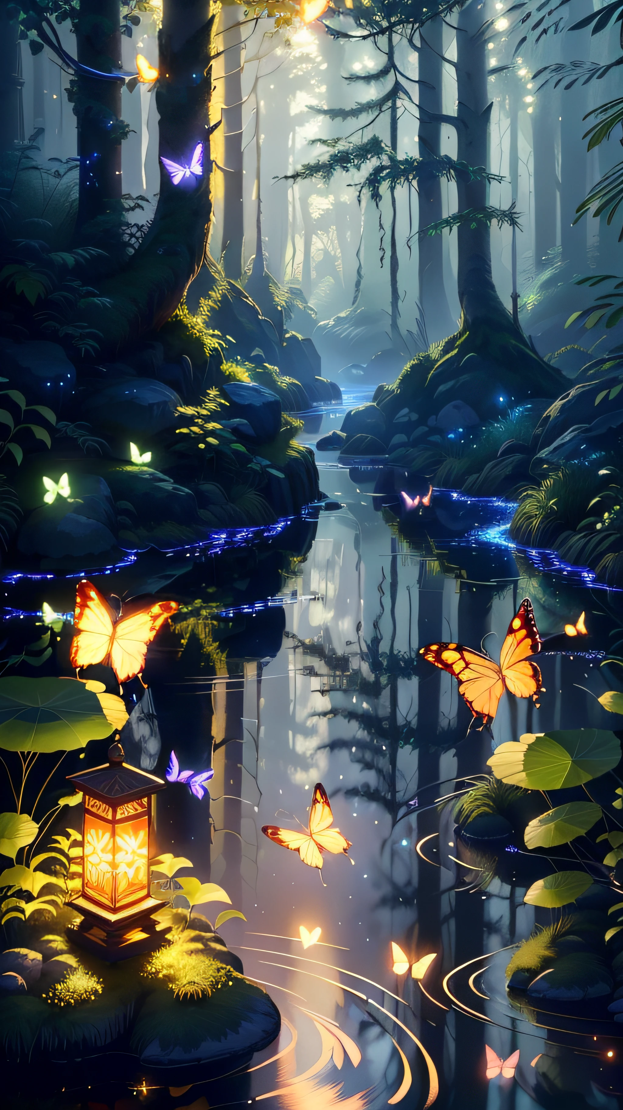 A masterpiece, the best quality, stunning reflections, the best reflections ever. (very detailed CG unity 8k wallpapers), (best quality), (best illustrations), (best shadows), forest theme with natural elements. Tall trees, quiet streams, small glowing mushrooms surrounded by delicate leaves and branches, with fireflies and glowing particle effects,, (natural elements), (jungle theme), (leaves), (twigs), (fireflies), butterflies, (delicate leaves), (glow), (particle effects). , Isometric 3D, Octane Rendering, Ray Traced, Super Detailed