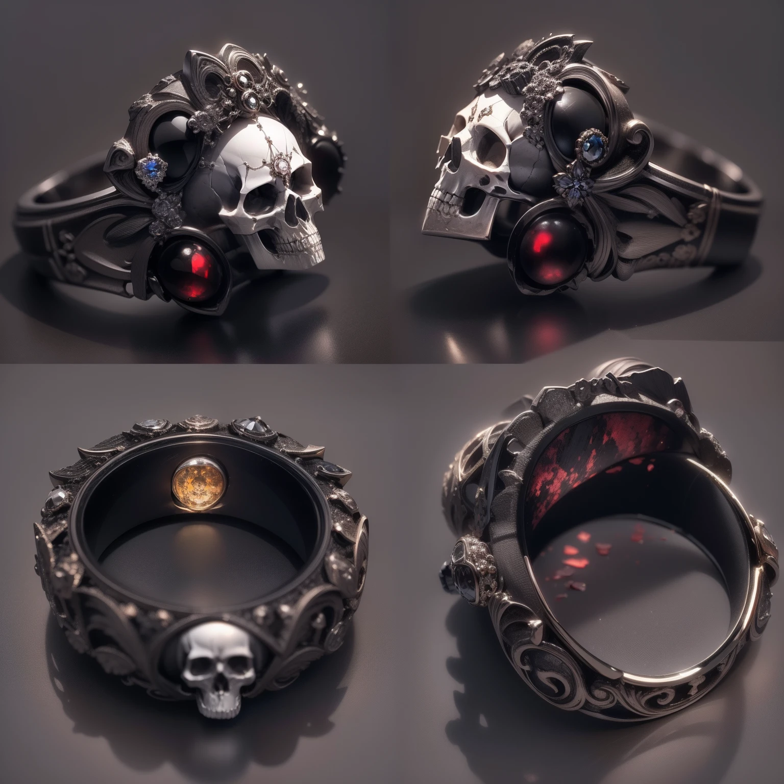 Masterpiece，highest  quality，(Nothing but the ring)，(No Man),The ring is set with a skull，death，blood，terroral，Wrapped around the end from beginning to end，Delicate obsidian ring，The sheen，inverted image，Sparkling gemstones，Elegant and noble,simple backgound