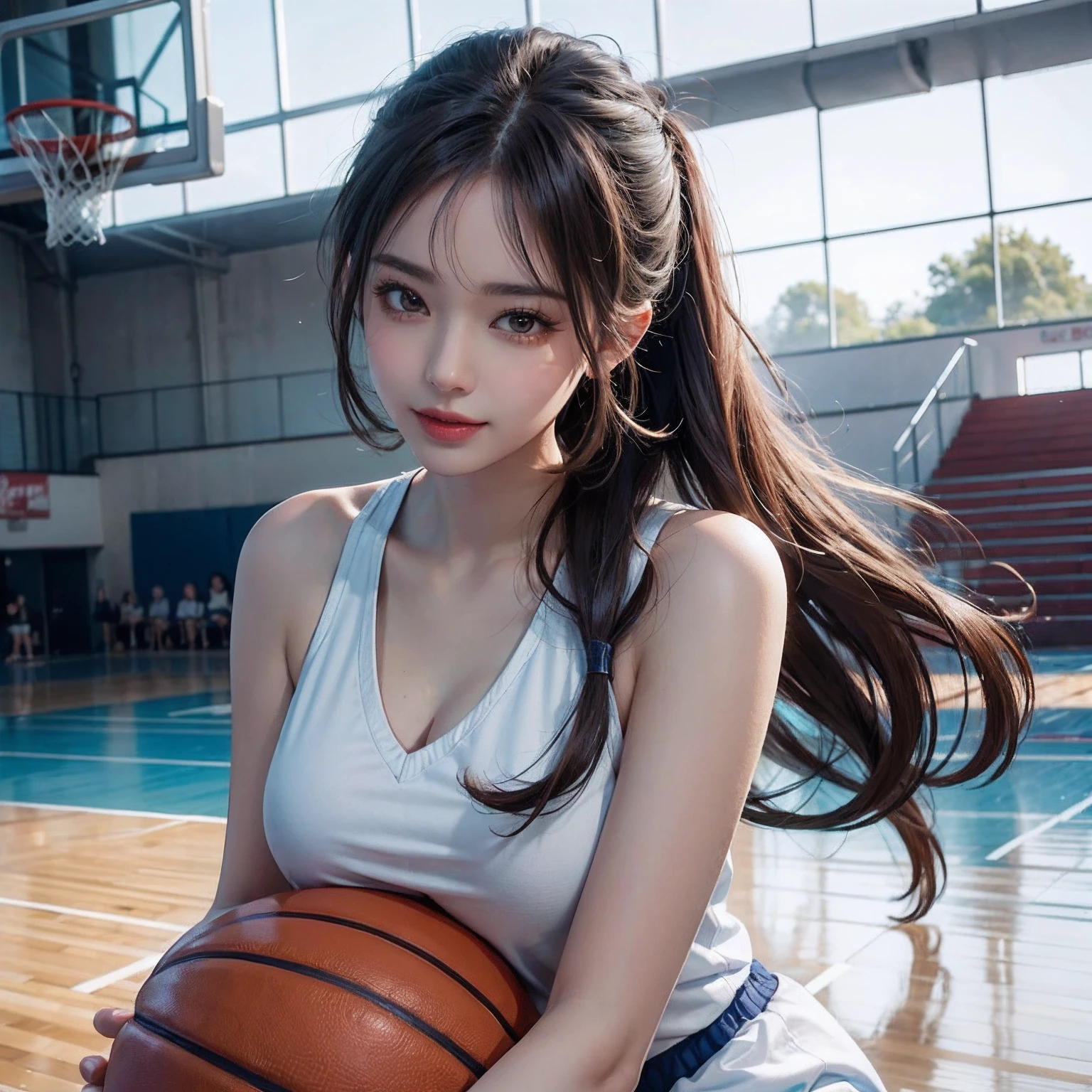 (RAW Photos,4K,tmasterpiece,hight resolution,very intricate)(realisticlying:1.4),Spin the Basketball、Full body style、Laugh、ssmile、uniformss、Basketball court、Basketball Goals、audience、spot light、illuminating、players、stadio、The best smile、Delicate girl illuminating facial features in a movie
1 Girls, single focus,(styles\),White skin,(Bigchest,cleavage), (Best Quality), (hight resolution), (extremely delicate and beautiful),,(Beautiful 8k face),(Brown eyes),(ulzzang-6500:1.0),(Solo),(sideways Facing),(Spectators),(Large breasts),(nffsw),frontage,(Side), ,(Basketball sportswear),((Playing Basketball)),((Gymnasium)),((velocity)),(reality),(chiayi:1.5), closeup cleavage, tmasterpiece, best qualtiy, RAW photogr, realisticlying, faces,adult lady, adolable, long beautiful hair,poneyTail、 depth of fields, hight resolution, ultra - detailed, finedetail, Very detailed, extremely detailed eye and face, Sharp pupils, realisitic, tack sharp focus, cinmatic lighting