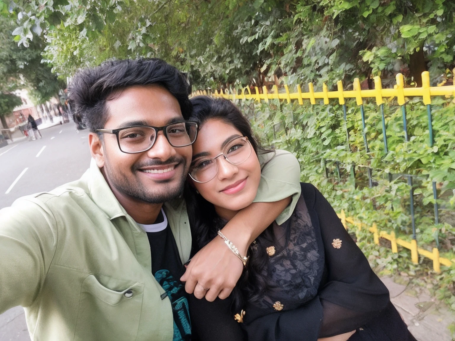 there is a man and woman taking a selfie on the street, lovely couple, in love selfie, in city of London, couple pose, happy couple, candid picture, taken with sony alpha 9, 8k selfie photograph, photo taken with sony a7r camera, jayison devadas, very very low quality picture, cute photo, photo taken in 2 0 2 3 standard background with cinematic