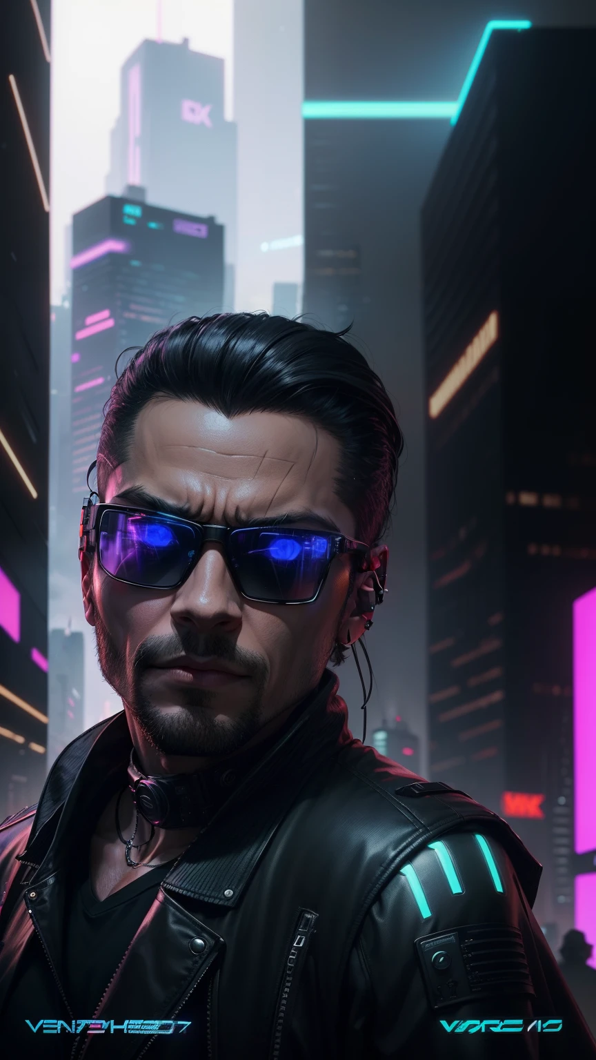 a man in a black jacket and glasses stands in front of a futuristic city, vr game, cyberpunk vibe, cyberpunk vibes, deeper into the metaverse we go, has cyberpunk style, cyberpunk theme, in cyber punk 2077, cyberpunk futuristic, cyberpunk future, synthwave, wearing cyberpunk streetwear, futuristic cyberpunk, cyberpunk tech, retro cyberpunk, synthwave style