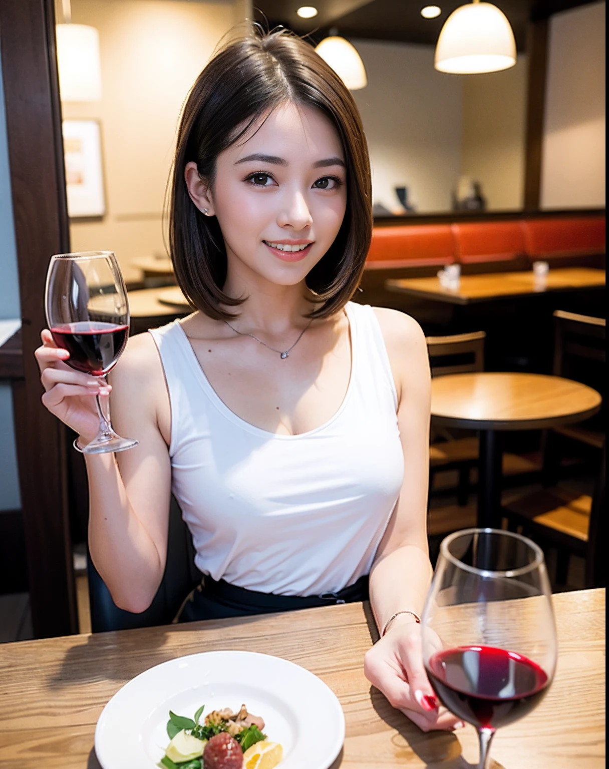 (64K, UHD, top quality, masterpiece: 1.2), (realistic, photorealistic: 1.37), super detailed, pretty woman 1 person, (slim face), (slim body), (brown hair), (short cut), cheeks slightly blushing, (44 years old), 38 years old, solo, beautiful detailed urban night view outside the window, restaurant, wine glasses sit, at night, in a prominent placeNovaFrogStyle, Actress, Model, Waist Up, White Wine, Slim, Wine Glass, Super Clean Night View, Wine Glass Put in the Middle, Happy Smile, (Smile: 1.15), Beautiful Fine Eyes, Upper Body, Bust Japan Up, Night, Short, Short, Actress, Model, Waist Up, White Wine, Slim, Wine Glass, Super Clean Night View, Wine Glass Put in the Middle, Happy Smile,