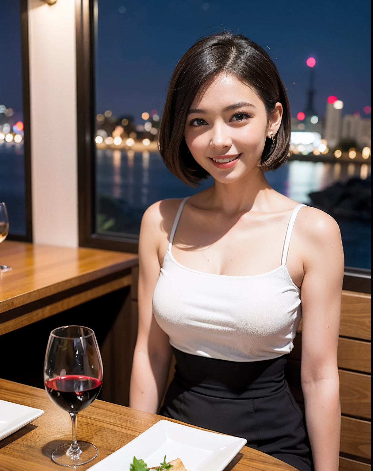 (64K, UHD, top quality, masterpiece: 1.2), (realistic, photorealistic: 1.37), super detailed, pretty woman 1 person, (slim face), (slim body), (brown hair), (short cut), cheeks slightly blushing, (44 years old), 38 years old, solo, beautiful detailed urban night view outside the window, restaurant, wine glasses sit, at night, in a prominent placeNovaFrogStyle, Actress, Model, Waist Up, White Wine, Slim, Wine Glass, Super Clean Night View, Wine Glass Put in the Middle, Happy Smile, (Smile: 1.15), Beautiful Fine Eyes, Upper Body, Bust Japan Up, Night, Short, Short, Actress, Model, Waist Up, White Wine, Slim, Wine Glass, Super Clean Night View, Wine Glass Put in the Middle, Happy Smile,