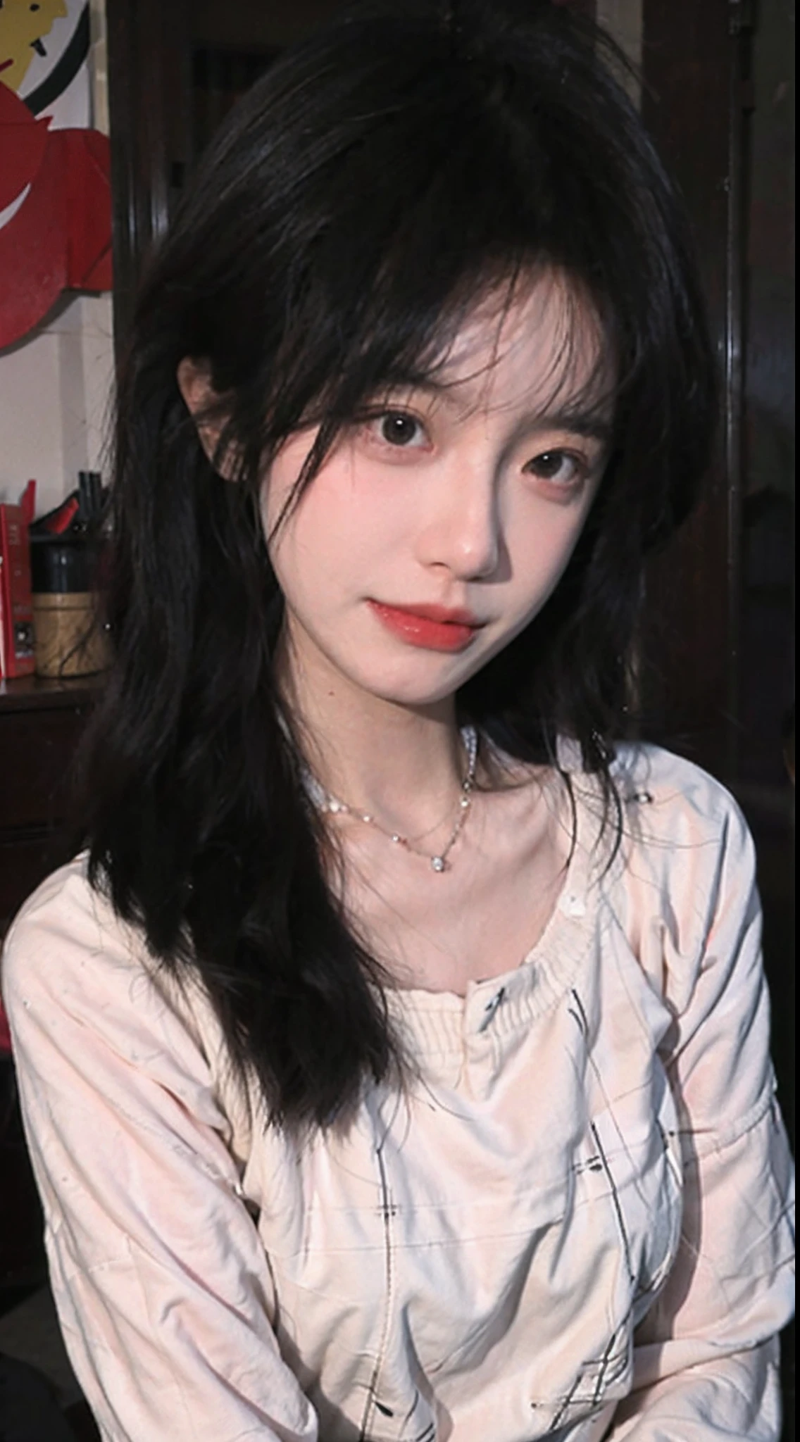 best qualtiy， 超高分辨率， （realisticlying：1.4），Baoyu Girl，1girll, with long coiled hair，Blushlush，Looking into the distance，nedium breasts，Cropped red sweater，a sense of atmosphere，Beautiful woman with a slim figure:1.4, Abs，Ultra-fine face，Elaborate Eyes，二重まぶた，choker necklace